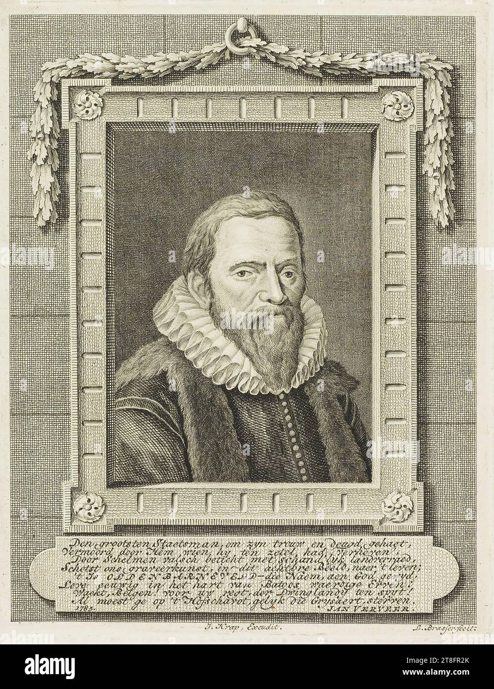 Il più grande statista, per la sua lealtà e virtù odiava, ucciso da colui che aveva esaltato al seggio, falsamente accusato da Schelmen con schan'lyk atterraed, ci abbozza incisioni, in questa grande immagine, dopo la vita; è OLDENBARNEVELD - quel nome, a Dio gewyd, vivete eternamente nel cuore di Bato os Worthy Erren:, guardate, belgi! Per la vostra destra, nonostante il Dwinglandy! Anche se dovessi morire sul ponteggio della Corte, come Grysaert, 1785 anni, JAN VERVEER. J. Krap, scusa. L. Brasser, fecit Foto Stock