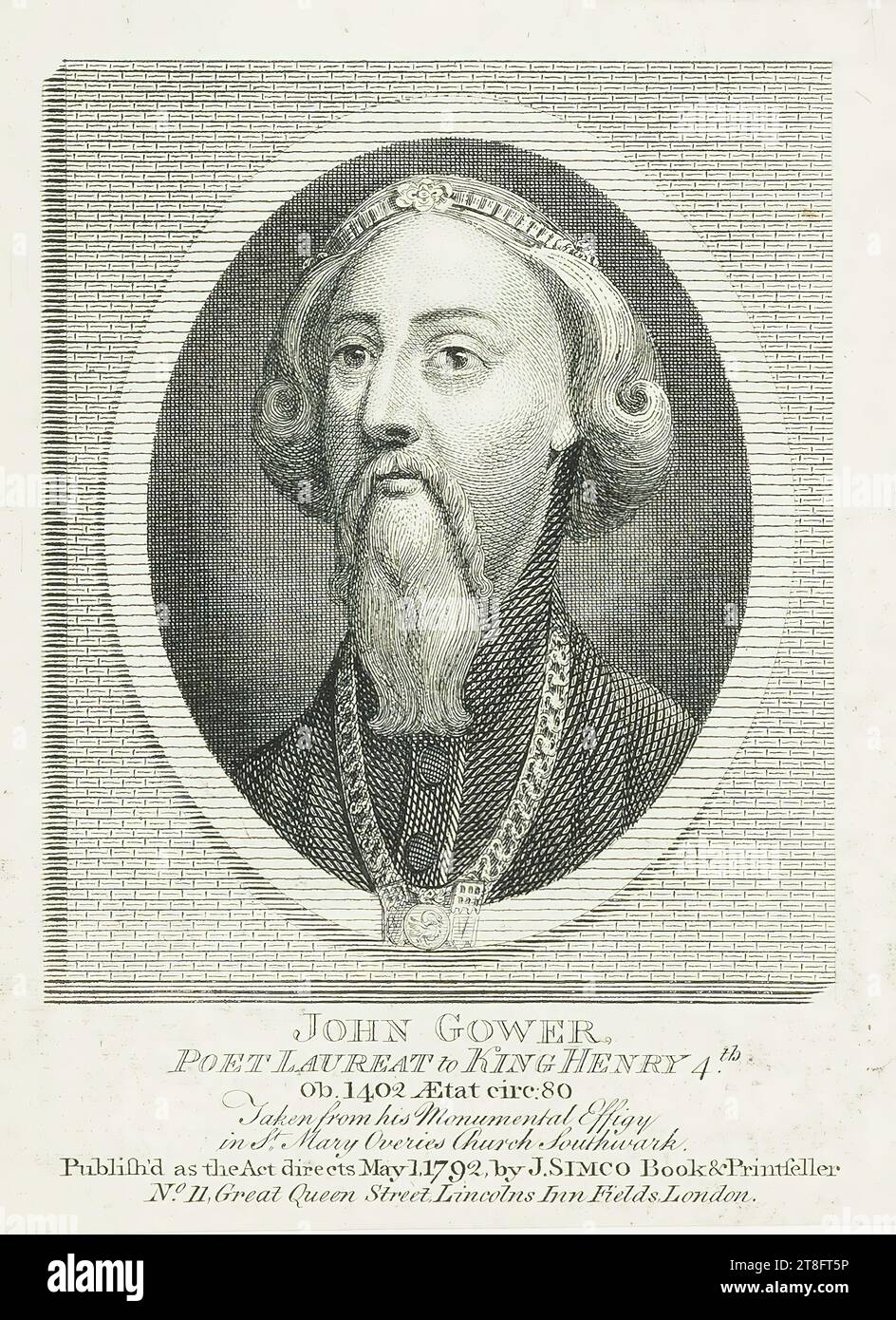 JOHN GOWER, POETA LAUREAT A RE ENRICO IV. Tratto dal suo Monumental Effigy, a St. Mary Overies Church Southwark. Pubblicato come la legge dirige maggio 1,1792. Di J.SIMCO Book&Printseller, N°.11.Great Queen Street, Lincolns Inn Fields, Londra Foto Stock