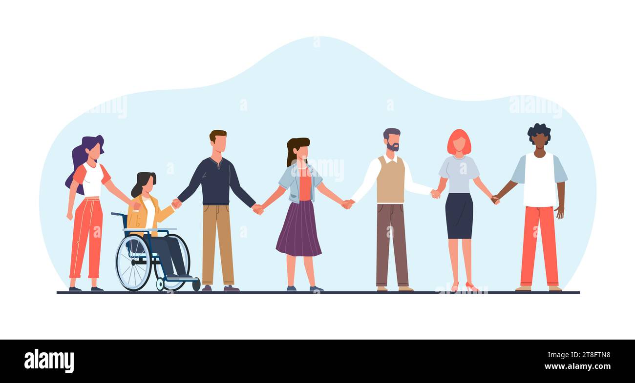 Gruppo di uomini e donne diversi che si tengono per mano. Gruppo multiculturale di giovani. Donna su sedia a rotelle. Gruppo eterogeneo. Cartone animato Illustrazione Vettoriale