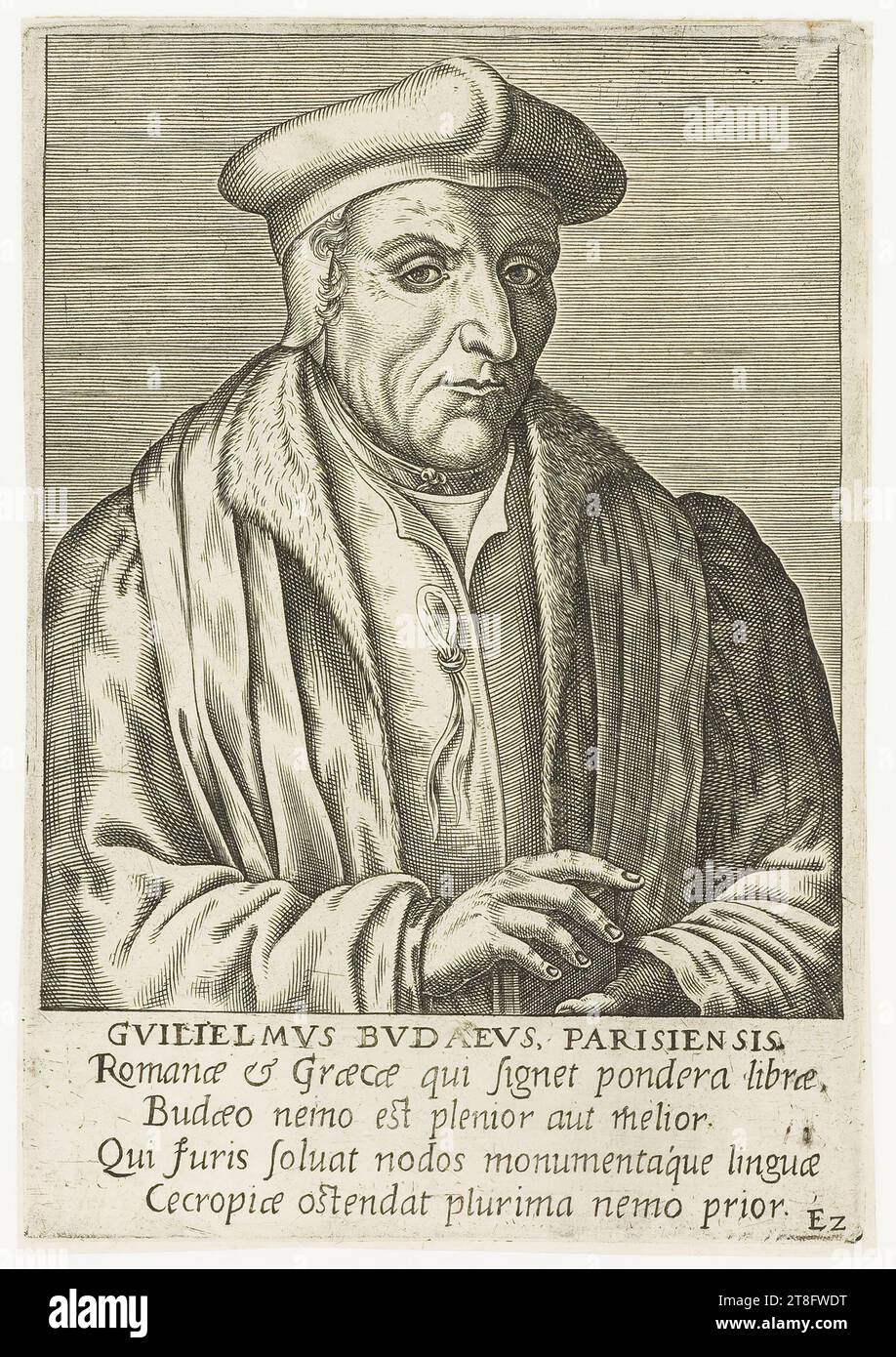 BVLIELMVS BVDAEVS, DI PARISIENSIS, romano e greco, che firma il peso dei libri, nessuno è più completo o migliore di Budæus, che scollega i nodi e i monumenti della giurisprudenza, nessuno prima di Cecrops mostra i più numerosi. EZ Foto Stock