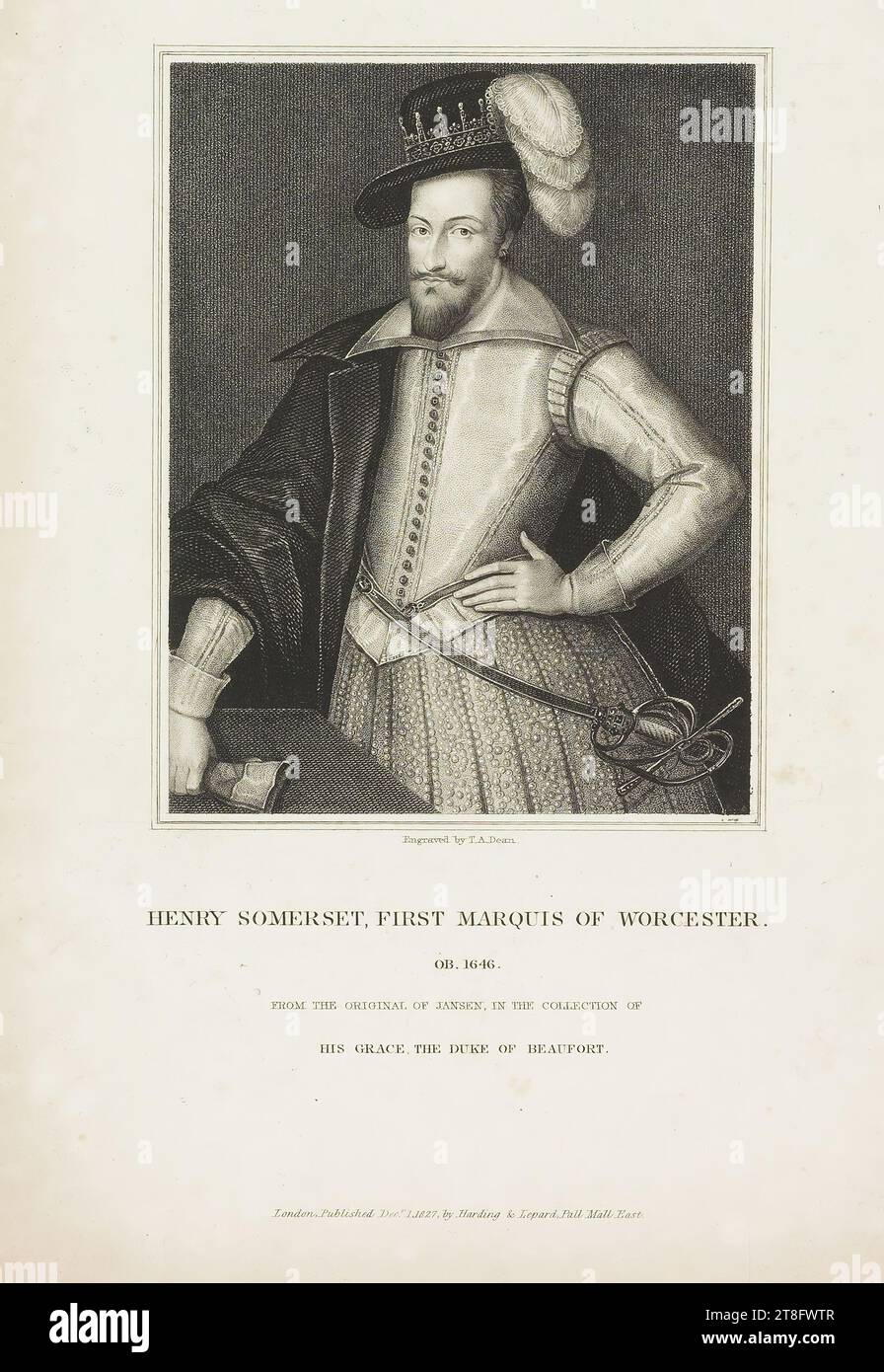 Inciso da T.A. Dean. HENRY SOMERSET, PRIMO MARCHESE DI WORCESTER. 1646. DALL'ORIGINALE DI JANSEN, NELLA COLLEZIONE DI SUA GRAZIA IL DUCA DI BEAUFORT. Londra. Pubblicato nel dicembre 1,1827 da Harding & Lepard, Pall Mall East Foto Stock