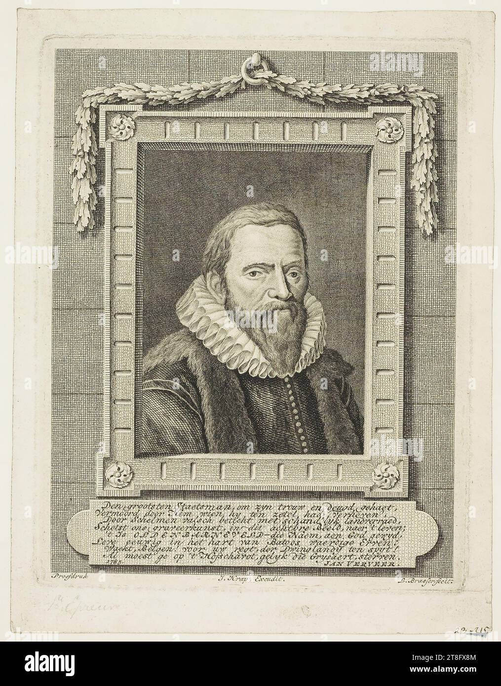 Il più grande statista, odiato per la sua lealtà e virtù, assassinato da colui che aveva esaltato al seggio, falsamente accusato da Schelmen con schan'lyk atterrato, ci abbozza incisioni, in questa grande immagine, dopo la vita; è OLDENBARNEVELD - quel nome, a Dio gewyd, vivete per sempre nel cuore del degno Erren di Bato: svegliatevi, belgi! Per la vostra destra, nonostante il Dwinglandy! Anche se dovessi morire sul ponteggio della Corte, come il Grysaert, 1785 anni, JAN VERVEER. Prove. J. Krap, scusa. L. Brasser, fecit Foto Stock