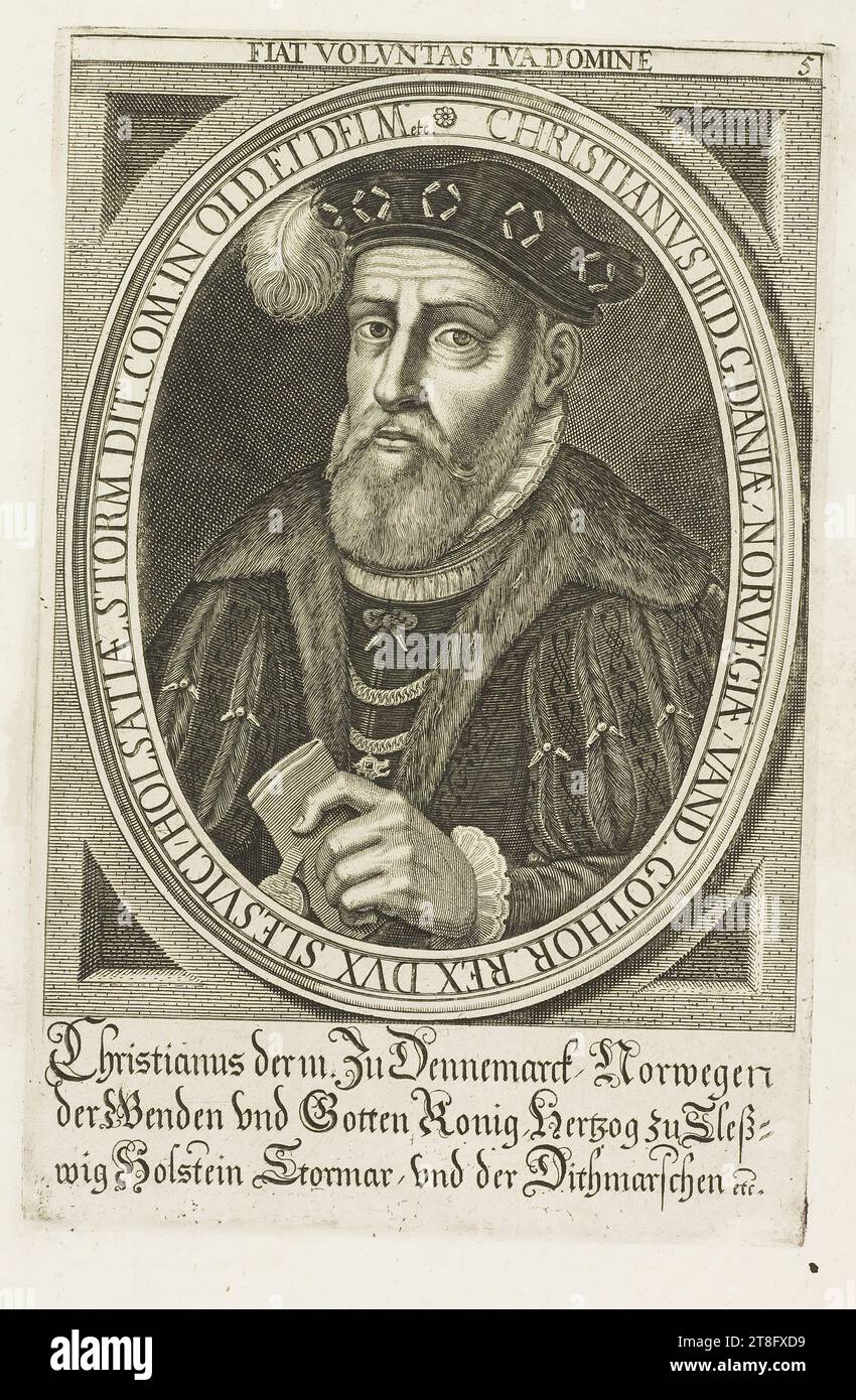 CHE IL TUO SIGNORE SI MUOVA. 5) CHRISTIANVS III.D.G. DANIMARCA, NORVEGIA, VAND. GOTHER.REX.DVX SLESVICI. TEMPESTA DI HOLSATÆ. Ha detto Com. NEL VECCHIO. E DELM, ecc. Christian der m. zu Dennemarct Norwegen, der Benden und Got Konig herzog zu Sleßu003d, wig, Holstein, StorMan, und der Dithmarschen etc Foto Stock