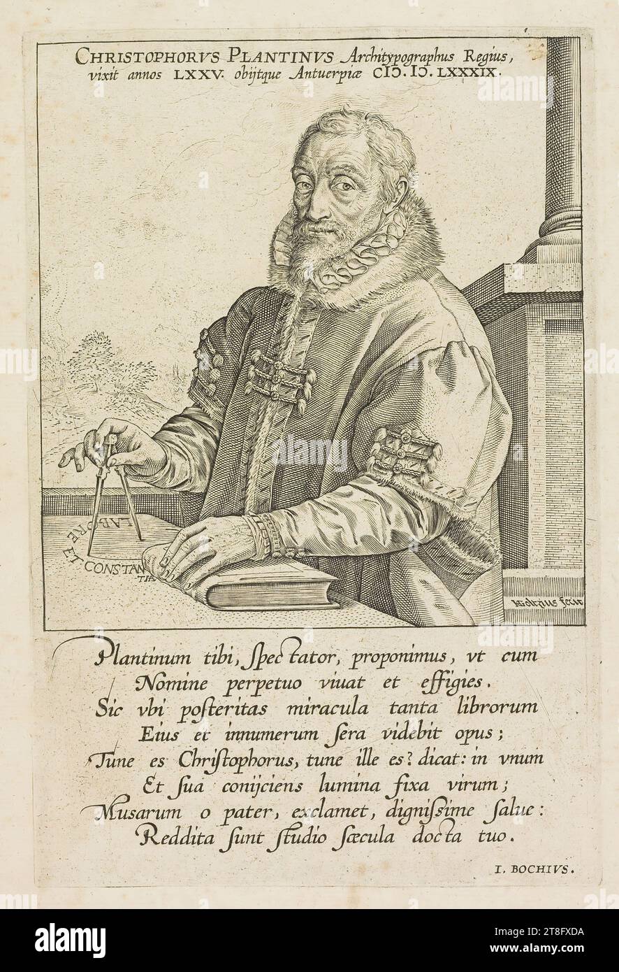 CHRISTOPHORUS PLANTINUS Architypographer Regius, visse 75 anni. Morì ad Anversa CIƆ.IƆ.889 LAVORANDO E COSTANTEMENTE. L'ha fatto HGoltzius. Vi proponiamo, spettatore, Plantinus, che possa vivere per sempre nel suo nome e immagine. Quindi, dove i posteri vedranno così tanti miracoli dei libri, le sue e innumerevoli opere in ritardo; sei Christopher, sei lì? Digli: In un solo luogo e gettando le sue luci fissate sull'uomo; o padre, esclami, degno di saluto alle Muse: Sono state date allo studio delle epoche che ti hanno insegnato. Foto Stock