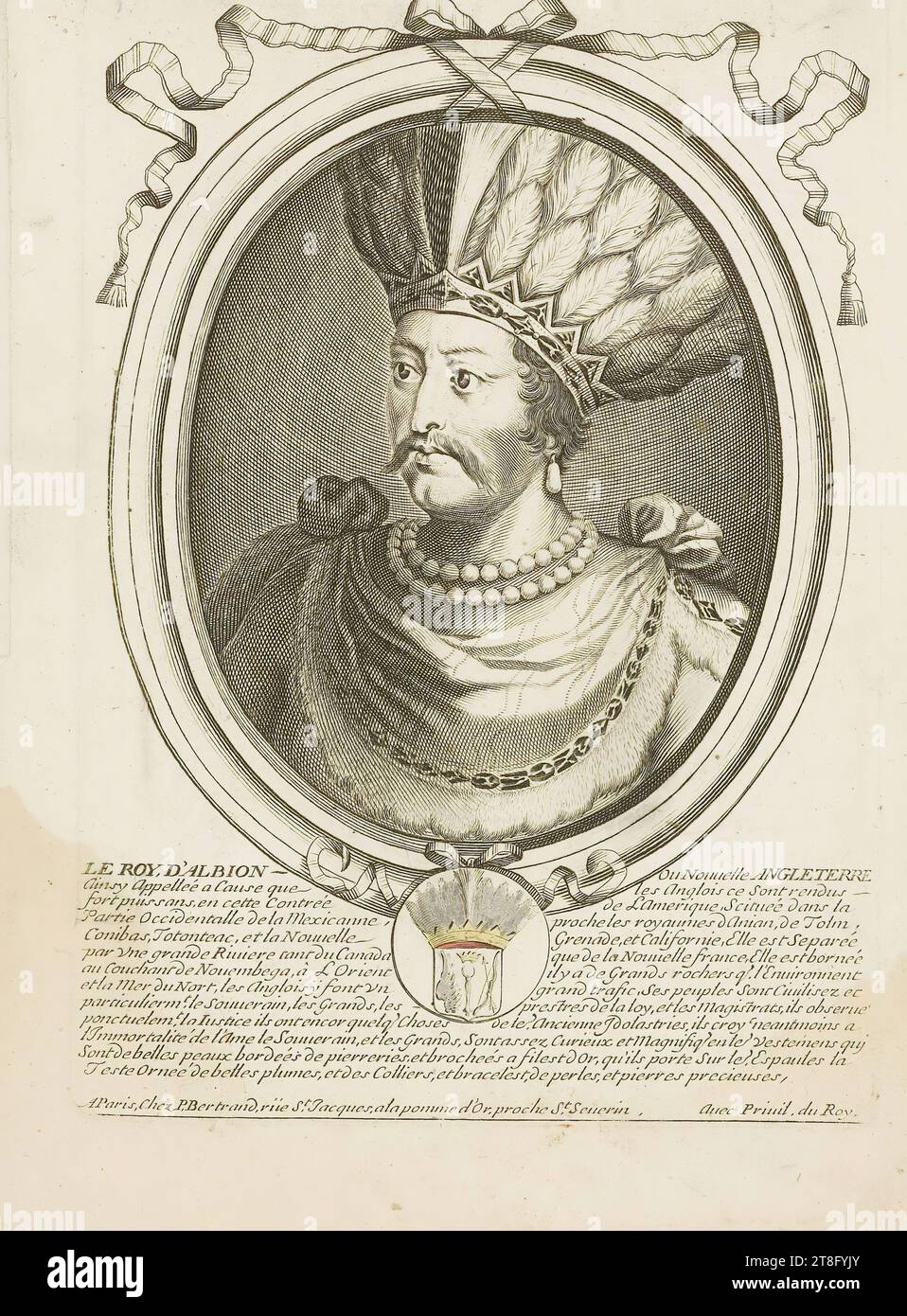 Probabilmente inciso da Nicolas de Larmessin i o II IL RE DI ALBION o nuova INGHILTERRA, così chiamato perché gli inglesi si sono resi molto potenti in questo Paese d'America, situato nella parte occidentale del Messico, vicino ai regni di Anian, di Tolm ;, Conibas, Totonteac e nuova Granada, e la California, è separata, da un grande fiume sia dal Canada che dalla nuova Francia, è delimitata, al tramonto di Nouembega, ad est ci sono grandi rocce nell'ambiente, e il Mare del Nord, gli inglesi ÿ fanno un grande traffico, i suoi popoli sono usati e, in particolare. t il sovrano Foto Stock