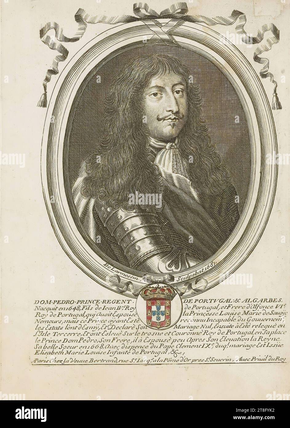 De Larmessin, Sculpebat, 1681. DON PEDRO PRINCIPE REGGENTE DI PORTVGAL & ALGARBES, nato nel 1648, figlio di Iean IV, re del Portogallo, e fratello di Alfonce vi., re del Portogallo, che sposò la principessa Louise Marie de Sauoÿe , Nemours, ma questo Principe essendo stato riconosciuto come incapace di governo, gli Stati lo hanno preso da Esmy, e dichiarano nullo il suo matrimonio, poi ad Este retrocesse nell'Isola di Tercerre, furono eletti sul trono e incoronati re del Portogallo a Saplace, il principe Dom Pedro, suo fratello, sposò poco dopo la sua elevazione la regina, sua cognata nel 1668 Foto Stock