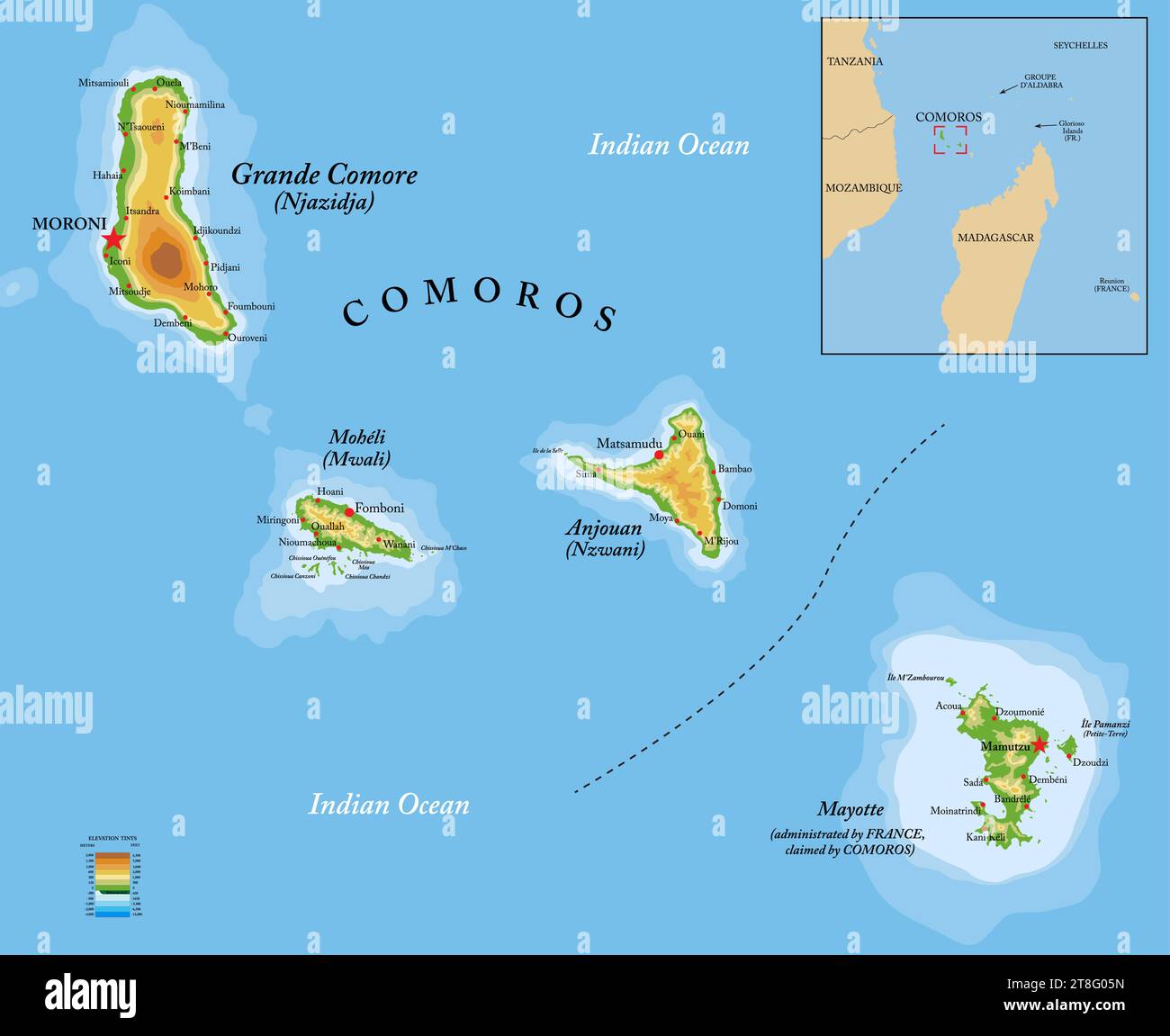 Mappa fisica altamente dettagliata delle isole Comore in formato vettoriale, con tutte le forme di rilievo, le regioni e le grandi città. Illustrazione Vettoriale