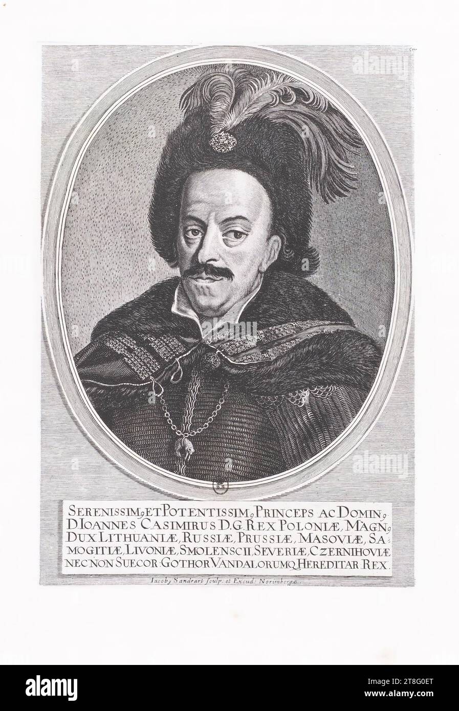 IL PIÙ GRANDE SERENEST E POTENTE, PRINCIPE E SIGNORE, D. GIOVANNI CASIMIRO D. G. RE DI POLONIA, IL GRANDE, CAPO DI LITUANIA, RUSSIA, PRUSSIA, MASOVIA, SAU003D, MOGITIÆ, LIVONIAÆ, SMOLENSCII, SEVERIÆ, CZERNIHOVIÆ, NENCON SUECOR: GOTHOR. Erediterà i Vandali. RE.,. Jacob, Sandrart Sculpt: And Excud. Norimberga Foto Stock