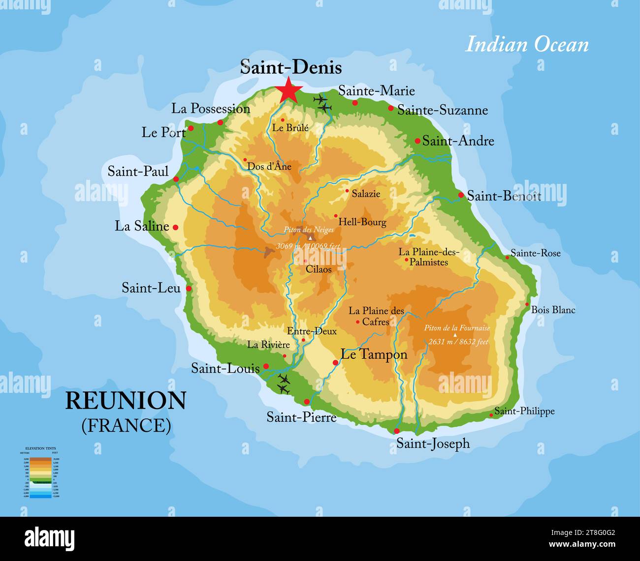 Mappa fisica altamente dettagliata dell'isola di Reunion in formato vettoriale, con tutte le forme di rilievo, le regioni e le grandi città. Illustrazione Vettoriale