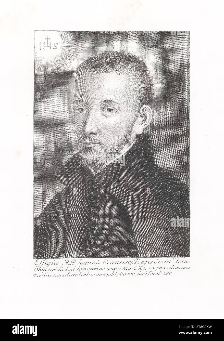 IHS. Ritratti R. P. Ioannis Francisci Regis Societ.is Iesu., Obijt Pridic Kal. Gennaio dell'anno 40 d.C. In un villaggio della diocesi di Vienna, chiamato Lalouuesc, due persone molto sane diventano, &c Foto Stock IHS. Ritratti R. P. Ioannis Francisci Regis Societ.is Iesu., Obijt Pridic Kal. Gennaio dell'anno 40 d.C. In un villaggio della diocesi di Vienna, chiamato Lalouuesc, due persone molto sane diventano, &c Foto Stock