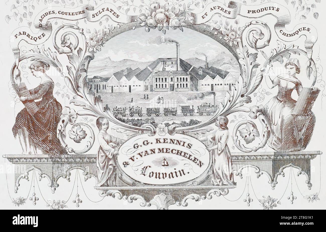 PRODUZIONE DI ACIDI, COLORANTI SOLFATI E ALTRI PRODOTTI CHIMICI. G.G. KENNIS, & V. VAN MECHELEN, in, Lovanio. Acceso. G. Jacqmain, Gand Foto Stock