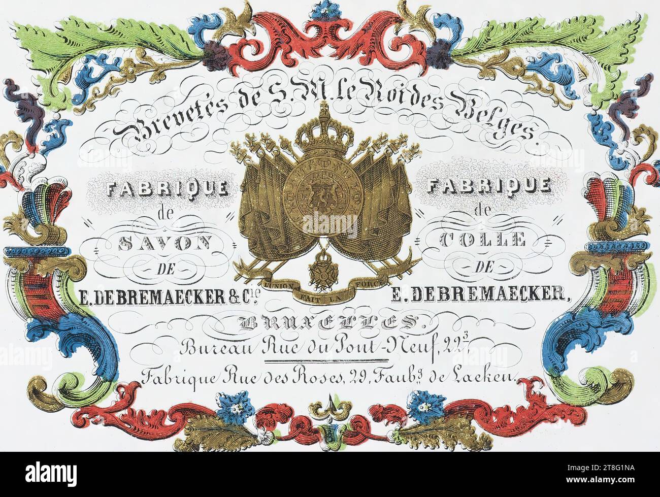 Stampa pubblicitaria. Biglietti da visita. Brevettato da H. M. il re dei belgi. PRODUCE, DI, SAPONE, DI, E. DE BREMAECKER & CIE. PRODOTTO DA, COLLE, DE, E. DE BREMAECKER,. BRUXELLES, Ufficio Rue du Pont-Neuf, 22.3. Factory Rue des Roses, 29, Faubg, Laeken. Acceso. De Hannotiau, brevettato da H.M. The King, Rue de Laeken, 85 Foto Stock