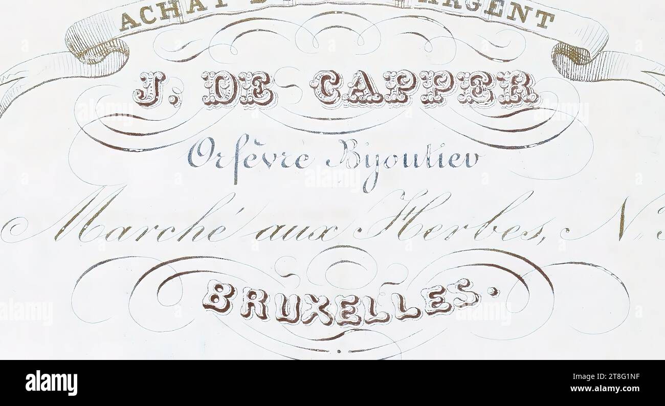 Stampa pubblicitaria. Biglietti da visita. ACQUISTO DI ORO E ARGENTO. J. DE CAPPER, Goldsmith Jeweller. Herb Market, No. 5, BRUXELLES. ...? Bruxelles Foto Stock