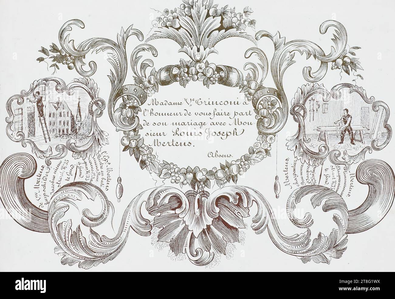 Annuncio di nozze. Invito. La signora V. Trinconi ha l'onore di informarla del suo matrimonio con Mons-, ieur Louis Joseph, Mertens. De VW, Mertens, huysschilder, Jacobus news, straet, N°35, at Gend., The EPS, Mertens, Painter eu bato-, mens, Rue neuf St, Jac-,ques, N° 35, a Gand. Mertens, falegname, St. Jacques New, straet N°.35, a Gend., Mertens, falegname, Rue neuf, St Jacques, n. 35, a Gand. D. Van Ghendt, incisore Lith. Rue du Jardin des Plantes n. 5, a Gand Foto Stock