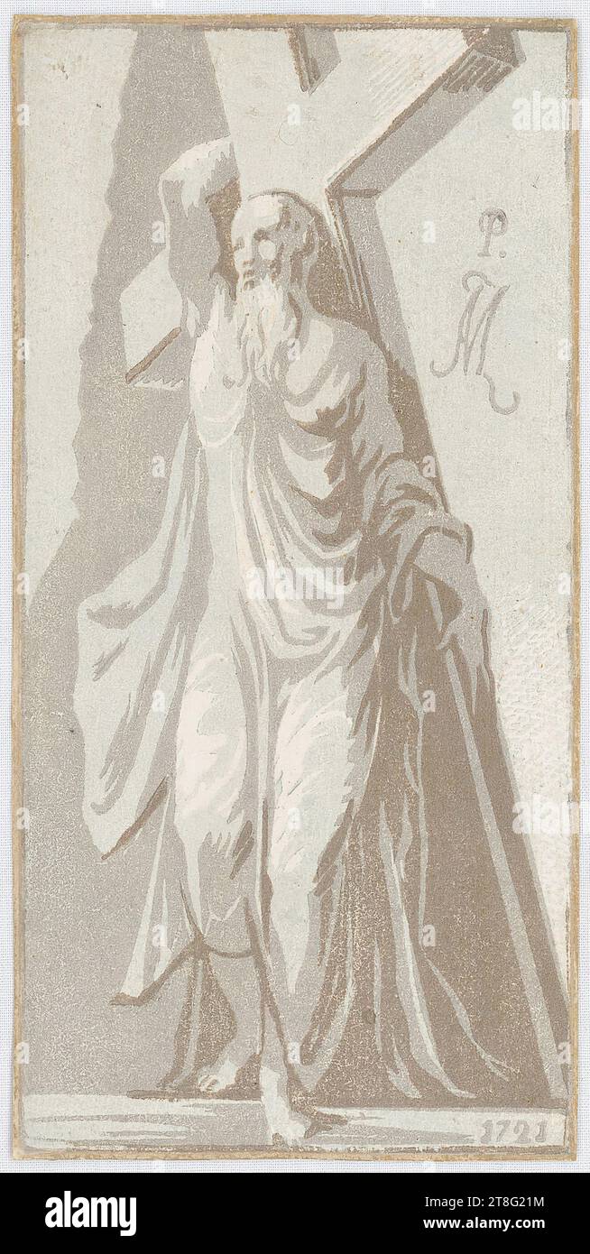 Anton Maria Zanetti (1680 - 1767), artista Francesco Parmigianino (1503 - 1540), dopo, Apostolo Filippo, origine della stampa: 1721, chiaroscuro taglio di tre blocchi di legno (marrone, grigio, azzurro) su vergé di carta, dimensioni foglio: 15,6 x 7,7 cm, monogramma in alto a destra 'P., AMZ' e in basso a destra datato '1721 Foto Stock