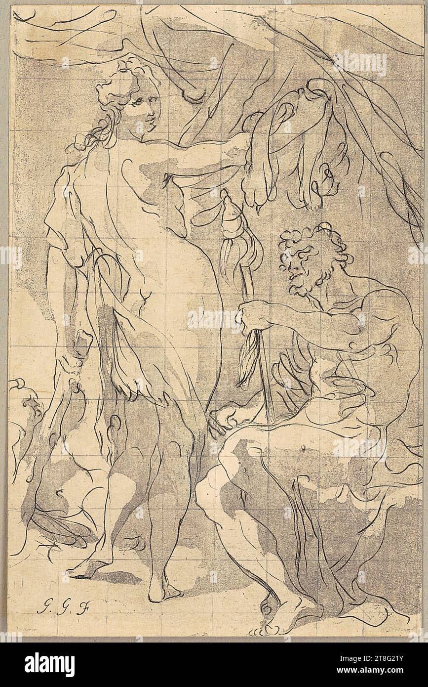 Anonimo (data sconosciuta), italiano, artista:in Gaetano Gandolfi (1734 - 1802), After, Eracle e Omphale, stampa media creazione: 1750 - 1800 secondo H, incisione e acquatinta con matita mezzitoni su carta vergé, dimensioni foglio: 14,1 x 9,4 cm (tagliato entro margine piatto)' Field3 monogramma in basso a sinistra G.F. Foto Stock