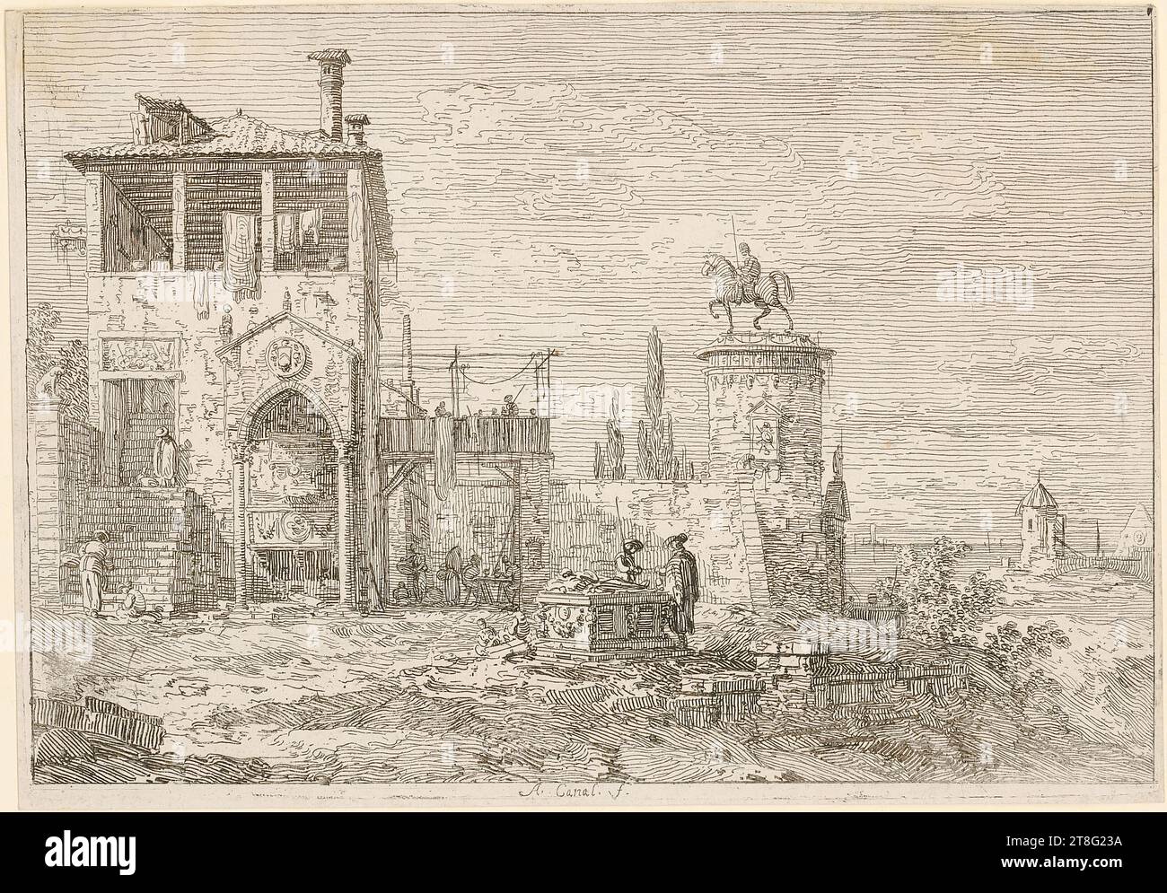 Giovanni Antonio Canal, gen. Canaletto (1697 - 1768), artista, paesaggio con monumenti antichi; paesaggio con torre e due pilastri, Canale Giovanni Antonio, gen. Canaletto (1697 - 1768), artista, Monumento equestre, Stampa media: Circa 1740, incisione su carta vergé, dimensione foglio: 14,5 x 21,1 cm margine piastra: 14,3 x 20,8 cm, centro inferiore firmato 'A. Canal. f.", verso numerato "3" in grafite in alto a destra; verso numerato "877" in basso al centro; verso in basso a destra in nero Foto Stock