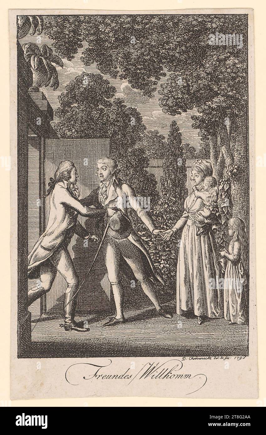 Daniel Nikolaus Chodowiecki (1726 - 1801), artista, Happiness of Friendship, stampa media creazione: 1795, incisione su carta tessuta, dimensione foglio: 12,1 x 7,5 cm (tagliato entro il margine della piastra)' Field3 firmato e datato in basso a destra 'D: Chodowiecki delineavit: & Fecit: 1795'; al centro inferiore, bezeic Foto Stock