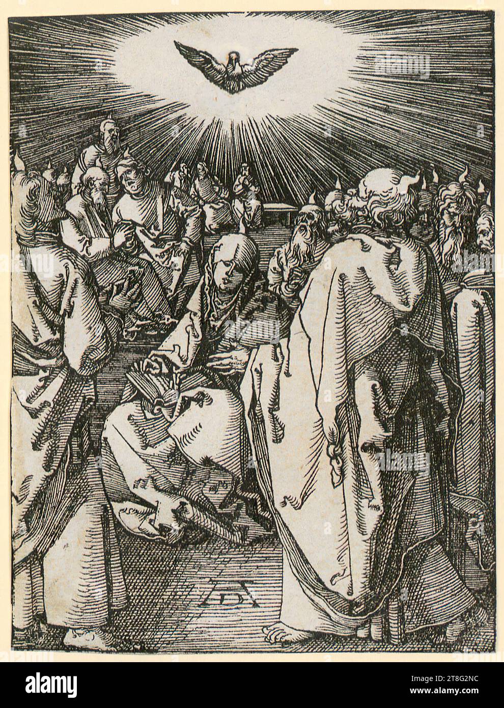 Albrecht Dürer (1471 - 1528), Small Woodcut Passion, Albrecht Dürer (1471 - 1528), Mission of the Holy Spirit, foglio 36 della serie 'Small Woodcut Passion', medium: Circa 1510, Woodcut, dimensione foglio: 12,5 x 9,5 cm, bottom center monogrammed 'ad Foto Stock