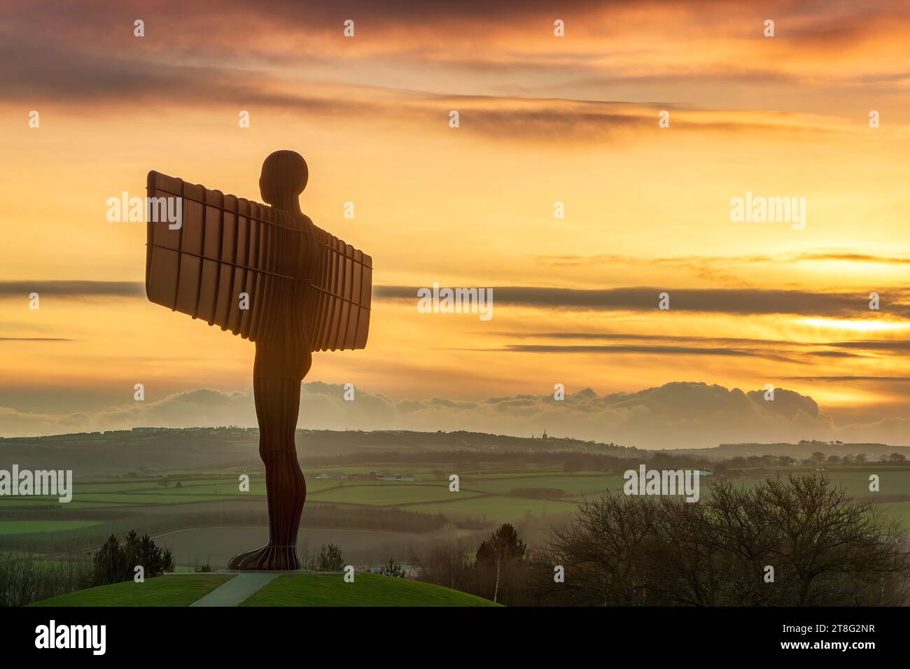 L'Angelo del Nord al tramonto d'estate guardando Gateshead, Tyne and Wear, Inghilterra, Regno Unito Foto Stock