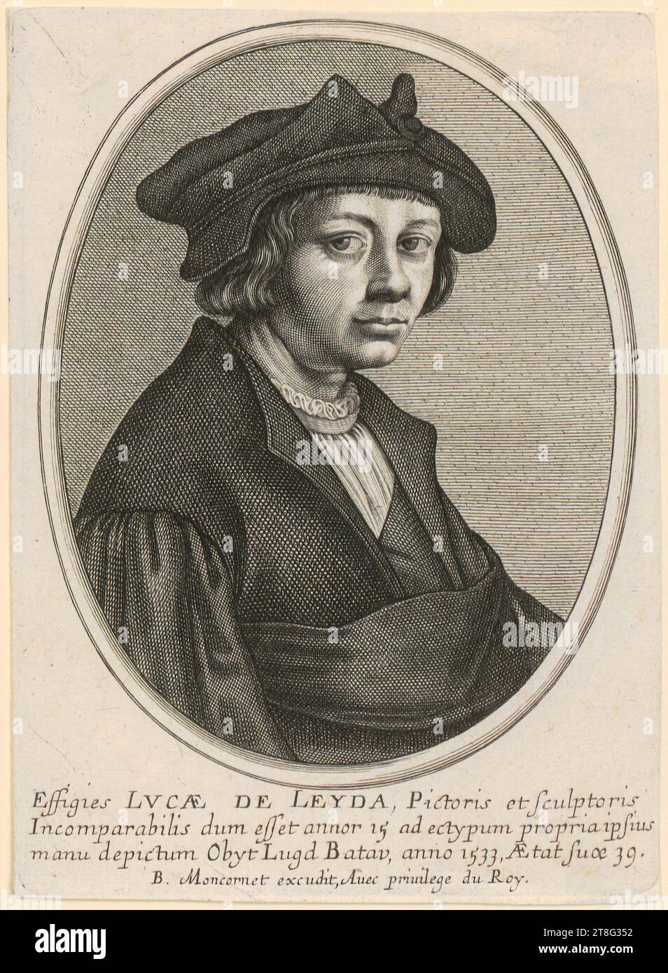 Andries Jacobsz. Scorte (1580 um - 1648), copia dopo Lucas Hugensz. Van Leyden (1488, 1499 e 1494 - 1533 rispettivamente), dopo Baltazar Moncornet (1600 um - 1668), editore, ritratto di un uomo, origine del mezzo di stampa: Dopo il 1533, incisione su copperplate, dimensione foglio: 15. 7 x 11,5 cm, inciso sotto "Effigies LVCAE DE LEYDA, Pictoris et sulptoris, ... anno 1533, Aetat suae 39 Foto Stock