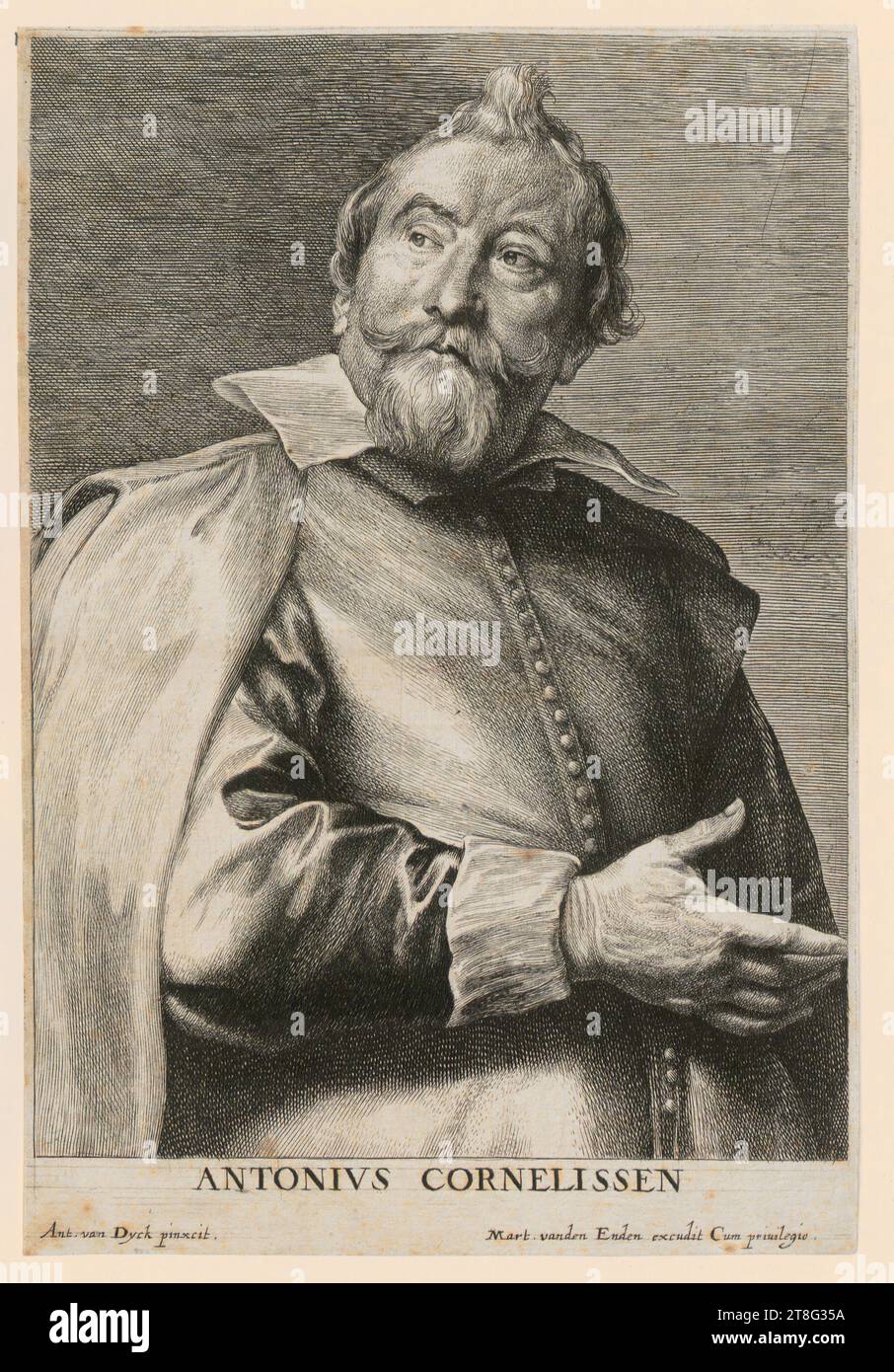 Anton van Dyck (1599 - 1641), originale Lucas Vorsterman (il Vecchio) (1595 - 1675), esecuzione Martinus van den Enden (1605 - 1673), editore, ritratto di Antoon Cornelissen, origine della stampa: 1630 - 1640, incisione e incisione su lastre di rame, dimensioni foglio: 23. 1 x 15,6 cm, in basso al centro con l'iscrizione "ANTONIVS CORNELISSEN"; in basso a sinistra con l'iscrizione "Ant. Van Dyck pinxcit.'; in basso, verso in basso a destra viola Foto Stock