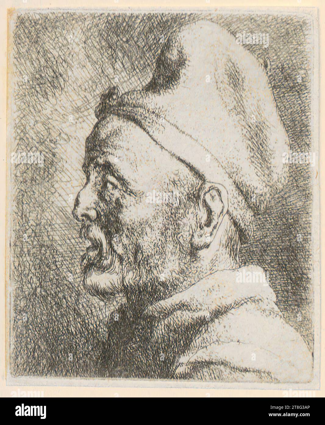 Jan Lievens (1607 - 1674), Ritratto di uomo anziano con berretto, in profilo a sinistra, mezzo di stampa: 1630 - 1674, incisione, dimensione foglio: 7,5 x 6,3 cm, verso in basso a sinistra nero Foto Stock