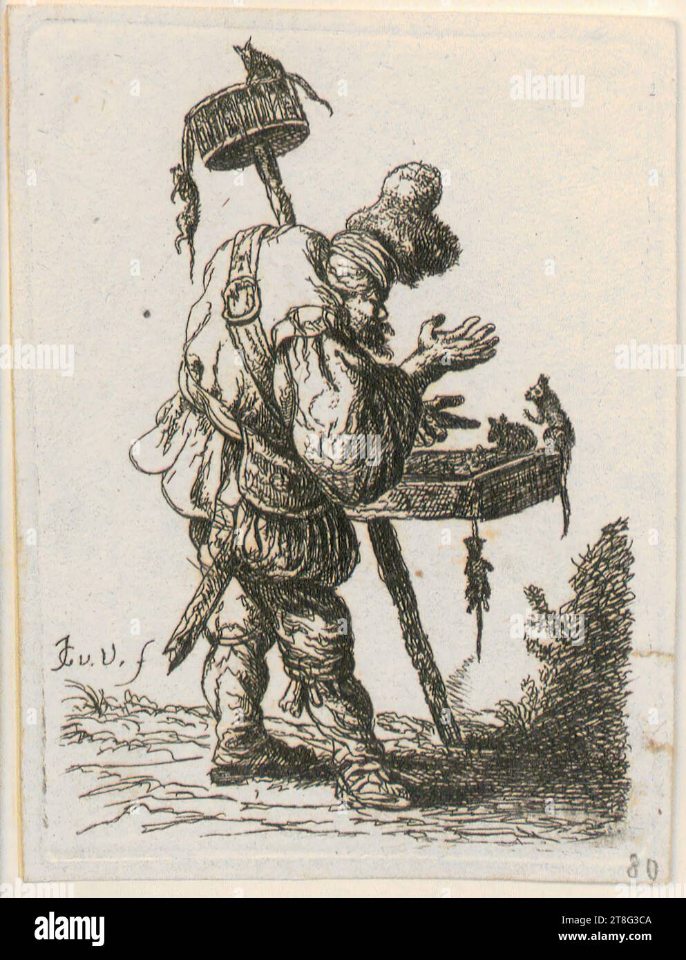 Johannes van Vliet (1628 - 1637 menzionato intorno), copia dopo, Pied Piper, foglio 8 della serie 'Beggar', origine del supporto di stampa: 1632 - 1680, incisione, dimensione foglio: 10,0 x 7,4 cm, in basso a sinistra con l'iscrizione 'JG v. V. f Foto Stock