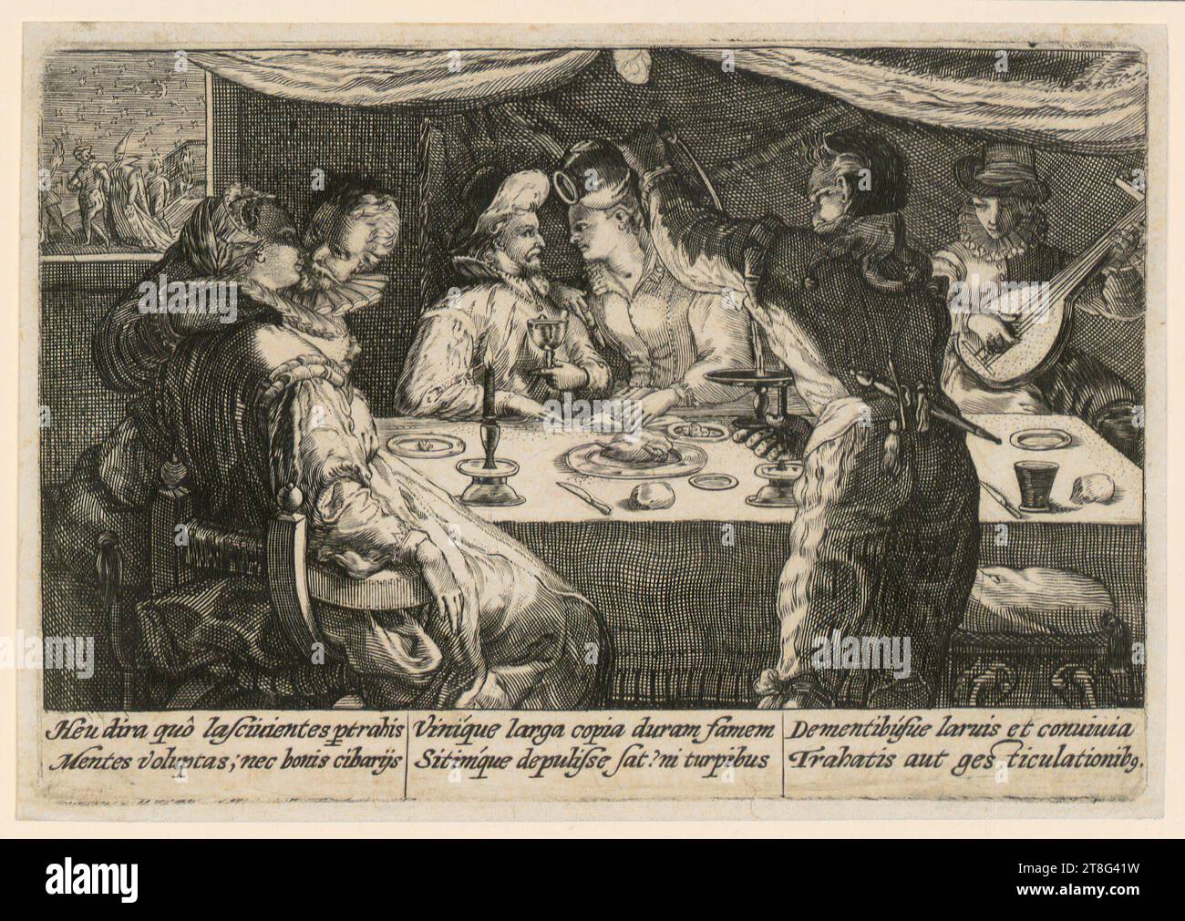 Crispijn de Passe (il Vecchio) (1564 - 1637), tre gentiluomini e due donne cenano, foglio 4 della serie 'Hortus Voluptatum', origine del mezzo di stampa: 1599, incisione e incisione su lastra di rame, dimensione foglio: 11,0 x 15,8 cm, incisa in fondo in tre colonne "Heu dira quô lasciuientes ptrahis, Mentes voluptas; nec bonis cib Foto Stock