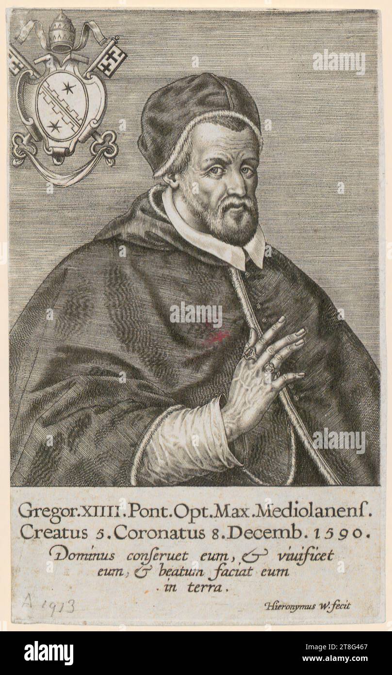 Hieronymus Wierix (1553 - 1619), ritratto di Papa Gregorio XIV, data di stampa: 1590 - 1591, incisione su lastra di copperplate, dimensione foglio: 13,2 x 8,0 cm, incisa in basso al centro 'Gregor. XIIII Pont. Opz. max Mediolanens, Creatus 5. Coronatus 8. Decemb, in basso a sinistra con la grafite 'A 1913 Foto Stock