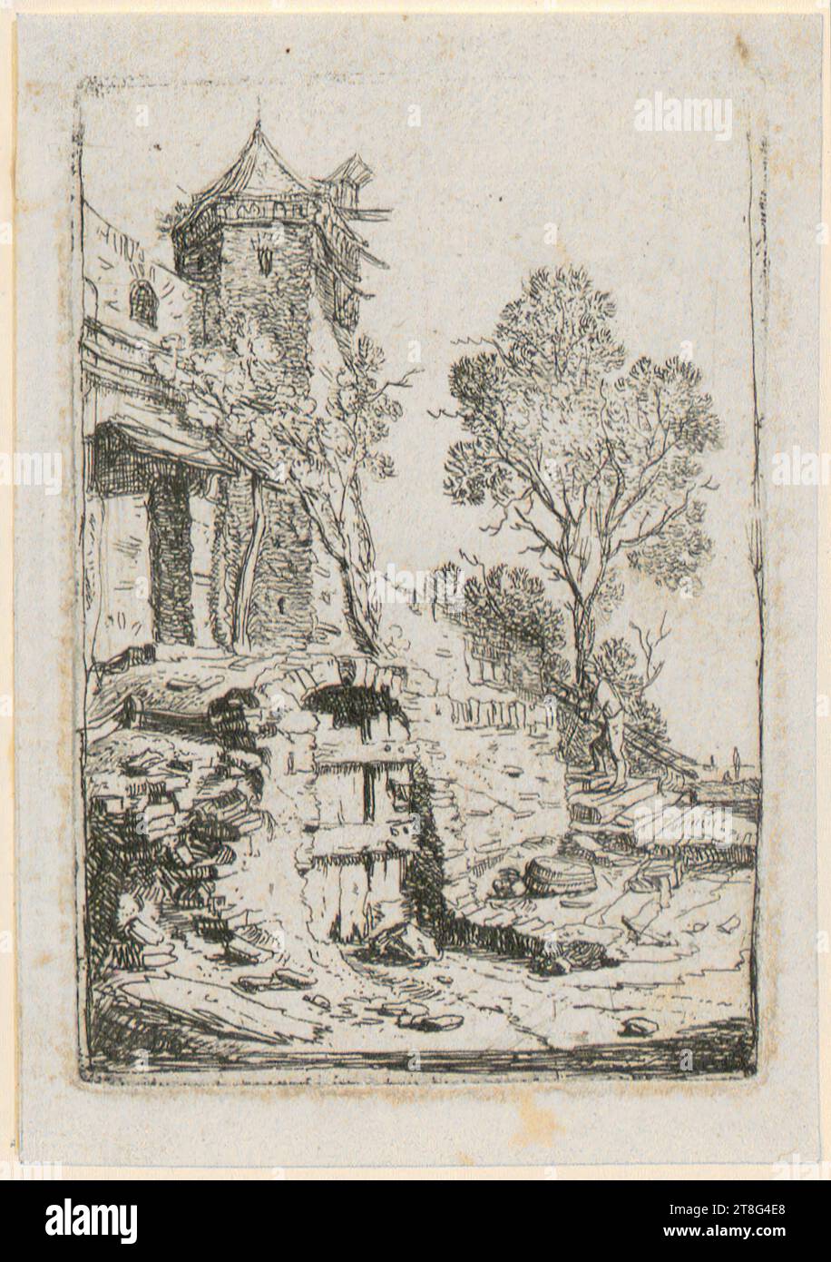 Bartholomeus Breenbergh (1598 - 1657), Casa accanto alla torre esagonale, foglio 5 del set "rovine romane", stampa media creazione: 1639 - 1640, incisione, dimensione foglio: 10,7 x 7,5 cm Foto Stock