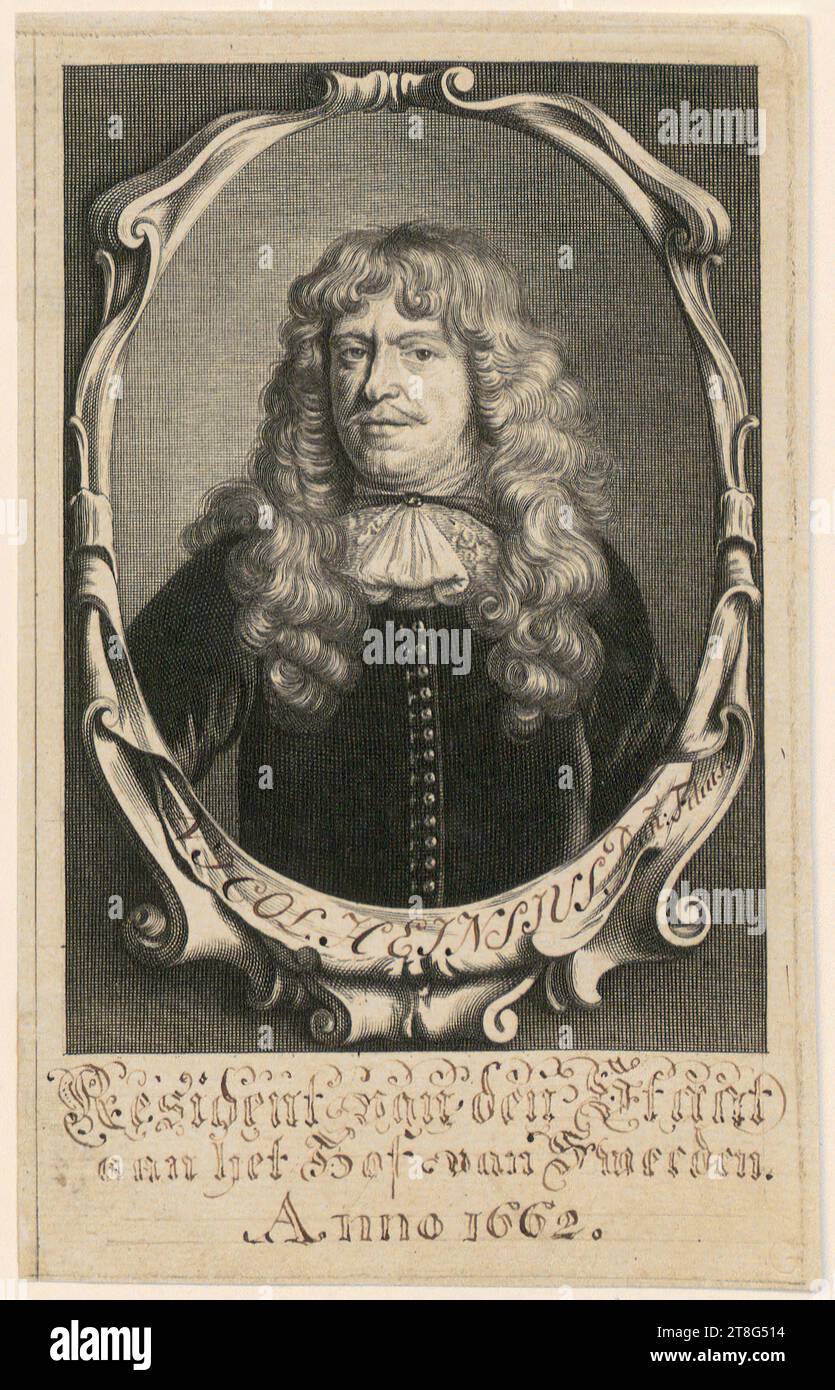 Abraham de Blois (1717 deceduto)Willem van Mieris (1662 - 1747), dopo, ritratto di Nicolaas Heinsius I., mezzo di stampa: Circa 1618 - 1671, incisione su copperplate, dimensione foglio: 15,3 x 9,6 cm, recto sotto ritratto inciso in penna e marrone 'NJCOL. HEJNSJUS ..., residente dello Stato, ... An het Hof van ..., anno 1662."; recto in basso a destra blindstamp "G" non identificato; verso nota del concessionario in basso a sinistra in grafite "25127, DZ Foto Stock