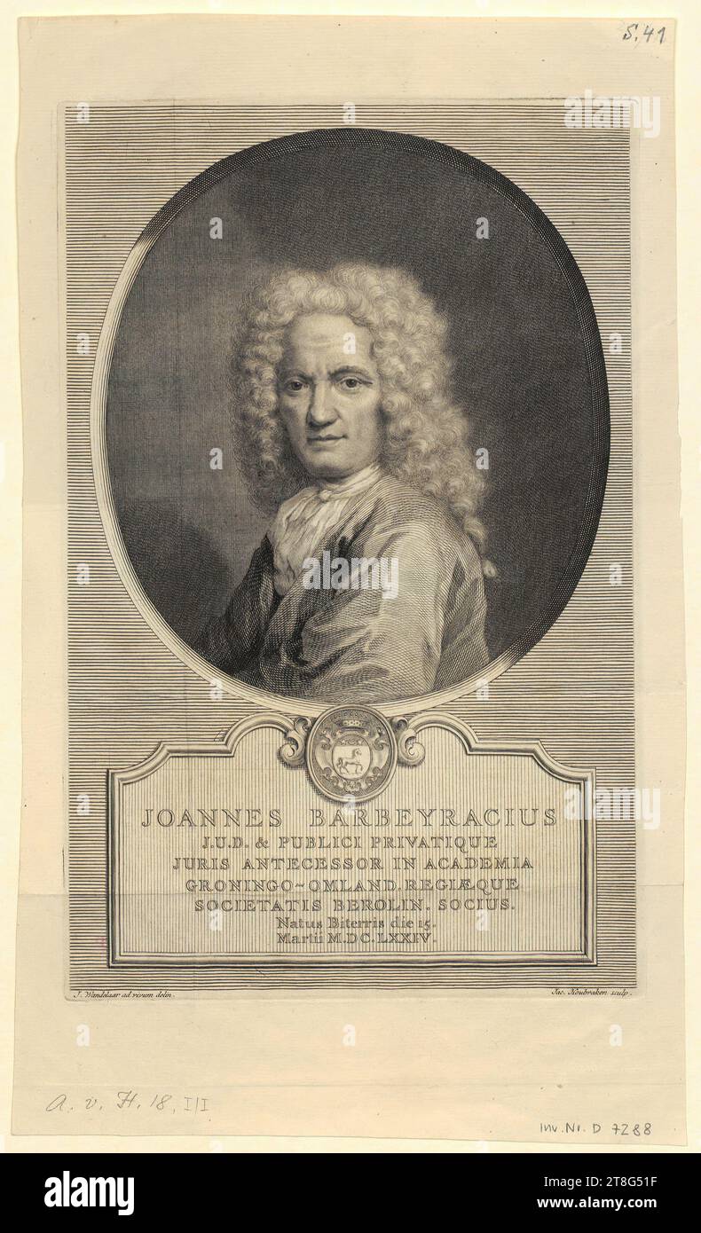 Jacobus Houbraken (1698 - 1780), artista Jan Wandelaar (1690 - 1759), dopo, ritratto di Jean Barbeyrac Barbeijracius, origine della stampa: 1717 - 1744, incisione su copperplate, dimensione foglio: Ca. 34,0 x 20,0 cm (rifilata in modo irregolare) platemark: 27,3 x 17,6 cm, centro inferiore inciso su cartiglio 'JOANNES BARBEYRACIUS, J.U.D. e PUBLICI PRIVATIQUE ... Natus Foto Stock