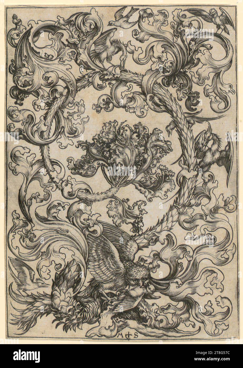 Georg Pencz (1500 um - 1550), artista, Suicide of Lucretia, foglio 2 della serie "Four Scenes from Early Roman History", Martin Schongauer (1450 um - 1491), artista, incisione ornamentale con fogliame, gufo e altri uccelli, origine della stampa: 1470 - 1474, incisione su lastra, dimensione foglio: 14,6 x 10,3 cm, monogramma centrale inferiore "M + S. Foto Stock