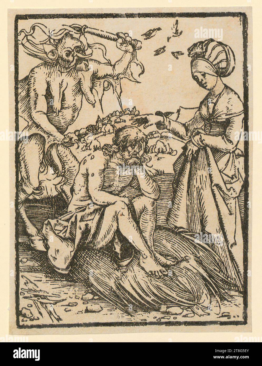 Albrecht Dürer (1471-1528), scuola, Satana flagelli lavoro, data di stampa: 1509, taglio del legno, dimensioni foglio: 16,5 x 12,3 cm Foto Stock