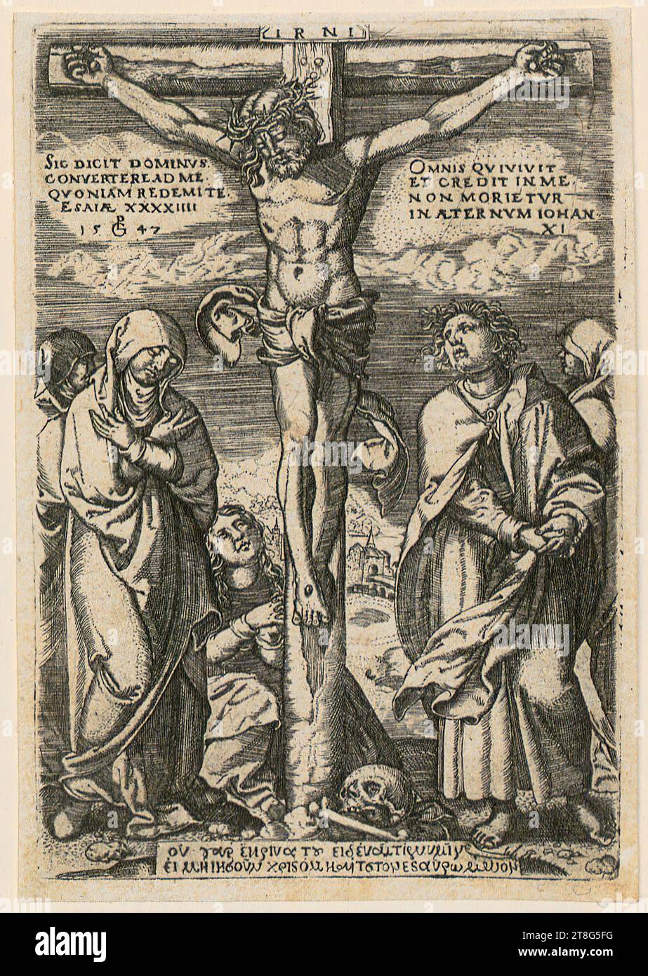 Georg Pencz (1500 c. - 1550), artista, Jesus and the Children, Georg Pencz (1500 c. - 1550), artista, Crocifissione, data stampa: 1547, incisione su lastra, dimensioni foglio: 12,0 x 8,3 cm, inciso in alto al centro sulla croce 'i R N i'; inciso, datato e monogramma in alto a sinistra 'SIC DIC Foto Stock