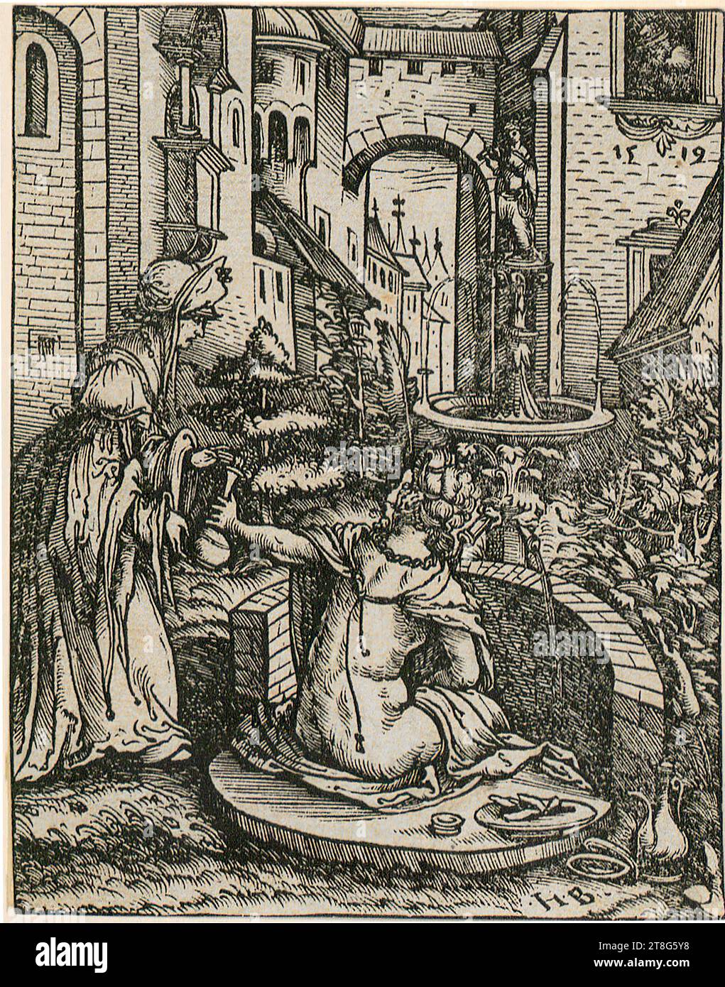 Hans Burgkmair (1473 - 1531), Bathsheba in the Bath, media di stampa creazione: 1519, xilografia, dimensione foglio: 11,9 x 9,2 cm, in alto a destra sulla parete datata '1519' e monogramma in basso a destra 'H . B . ', nota del concessionario con Graphite '24609, RZ' in basso a sinistra; nera Foto Stock