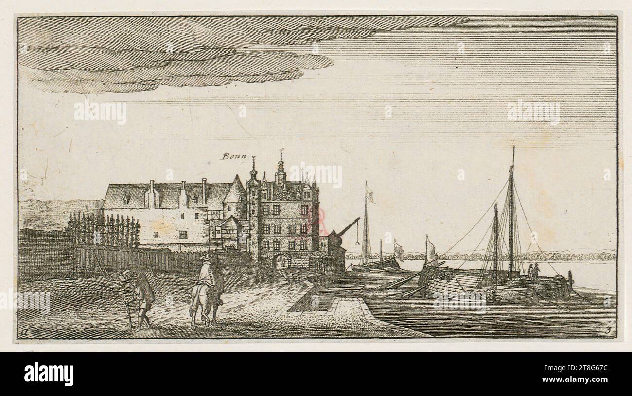 Wenzel Hollar (1607 - 1677), Reno vicino a Bonn, la Cancelleria, foglio 5 della serie 'Amoenissimi aliquot locorum ...', origine della stampa: 1643, incisione, dimensione foglio: 9,4 x 17,4 cm, inciso 'Bonn' al centro, inciso 'A' in basso a sinistra e numerato '3' in basso a destra Foto Stock