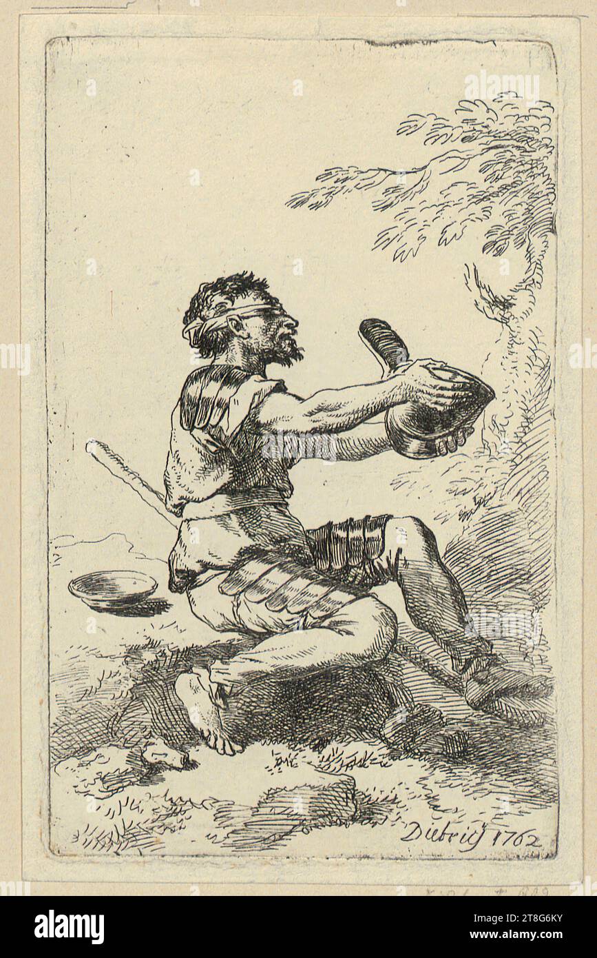 Christian Wilhelm Ernst Dietrich (1712 - 1774), Begging Blind Warrior, media di stampa: 1762, incisione, dimensione foglio: 14,3 x 9,3 cm dimensione piastra: 13,6 x 8,4 cm, in basso a destra firmato e datato 'Dietricj 1762 Foto Stock