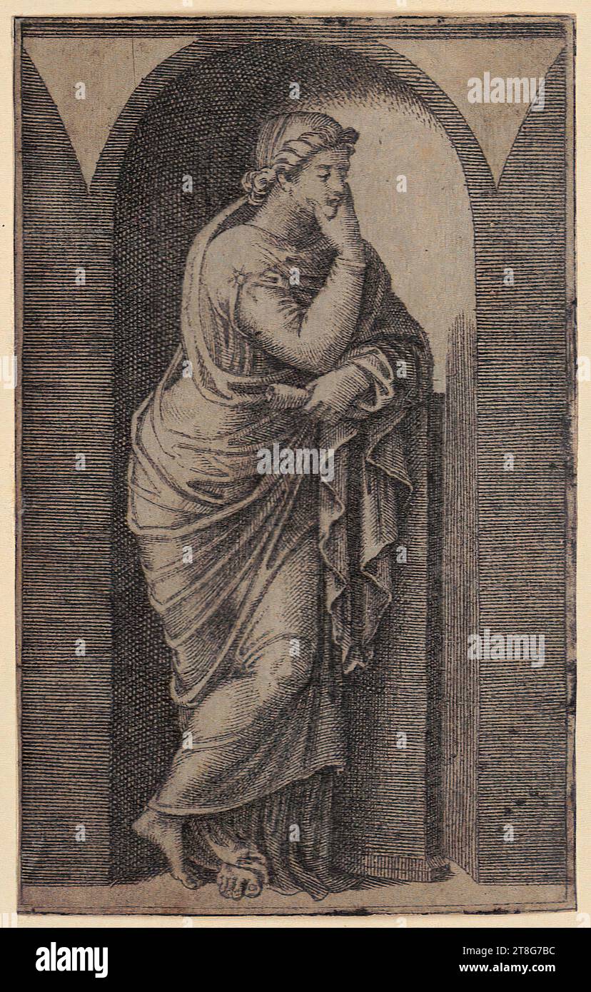 Marcantonio Raimondi (1470, 1482 um - um 1527, 1534), artista, Raffaello (1483 - 1520), dopo, musa, origine della stampa: 1511 - 1520, incisione su copperplate, dimensione foglio: 12,7 x 8,0 cm Foto Stock