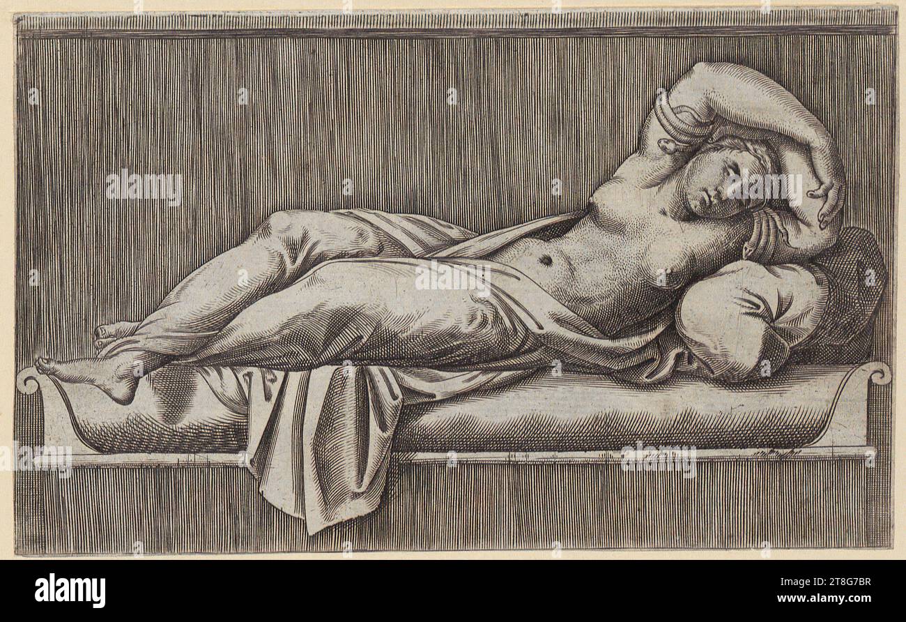 Marcantonio Raimondi (1470, 1482 c. - c. 1527, 1534), artista, Raffaello (1483 - 1520), dopo, Cleopatra, origine della tipografia: 1515 - 1527, incisione su copperplate, duplicata, dimensione foglio: 11,0 x 17,8 cm Foto Stock