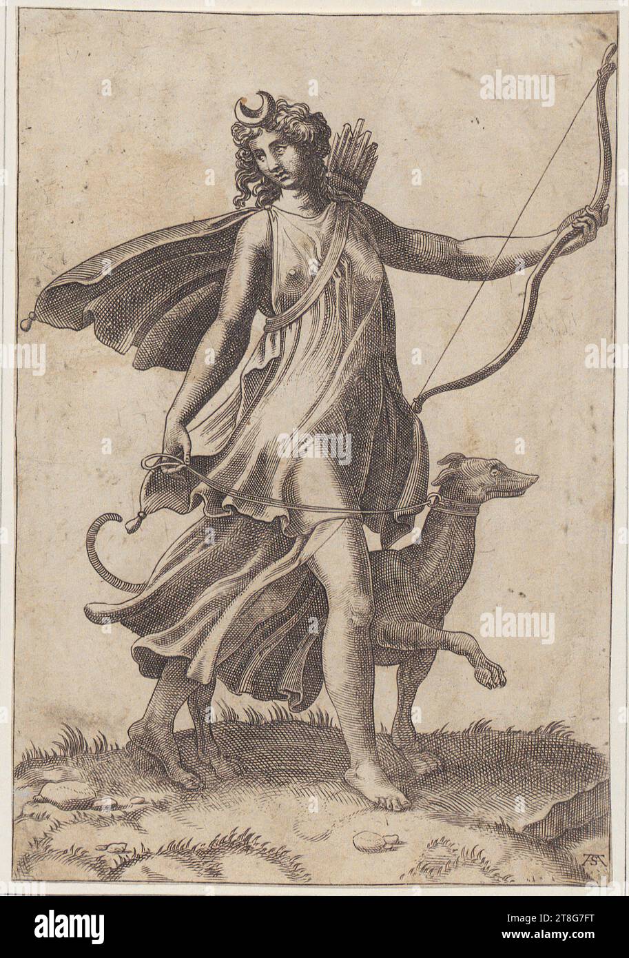 Adamo Scultori (1530 - 1585), artista Andrea Mantegna (1430 um - 1506), dopo Giovanni Giacomo De Rossi (1627 - 1691), editore, allegoria della schiavitù, Adamo Scultori (1530 - 1585), Diana alla caccia, origine della stampa: 1547 - 1585, incisione su lastra, dimensione foglio: 19,0 x 13,1 cm, monogramma in basso a destra "AS Foto Stock