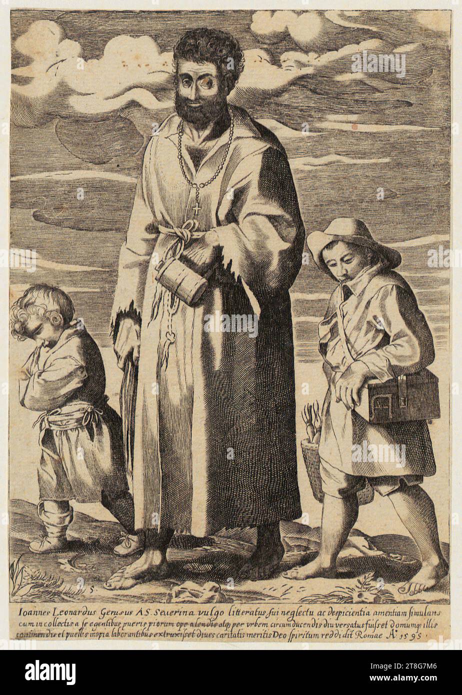 Georg Pencz (1500 c. - 1550), artista, Thetis e Chiron, Georg Pencz (1500 c. - 1550), artista, Thetis e Chiron, Georg Pencz (1500 c. - 1550), artista, Thetis e Chiron, Johann Conrad Klüpfel (1621 menzionato prima), incisore Francesco Villamena (1564 - 1624), copia dopo, monaco mendicante Ioannes Leonardo Gersus, foglio 5 della serie 'Street Traders', origine del supporto di stampa: circa 1621, incisione su lastra di rame, dimensione foglio: 15. 8 x 11,0 cm (tagliato in basso)' campo 3 numerato "5" in basso a sinistra, monogramma "AV" sul sottoscocca al centro destro Foto Stock