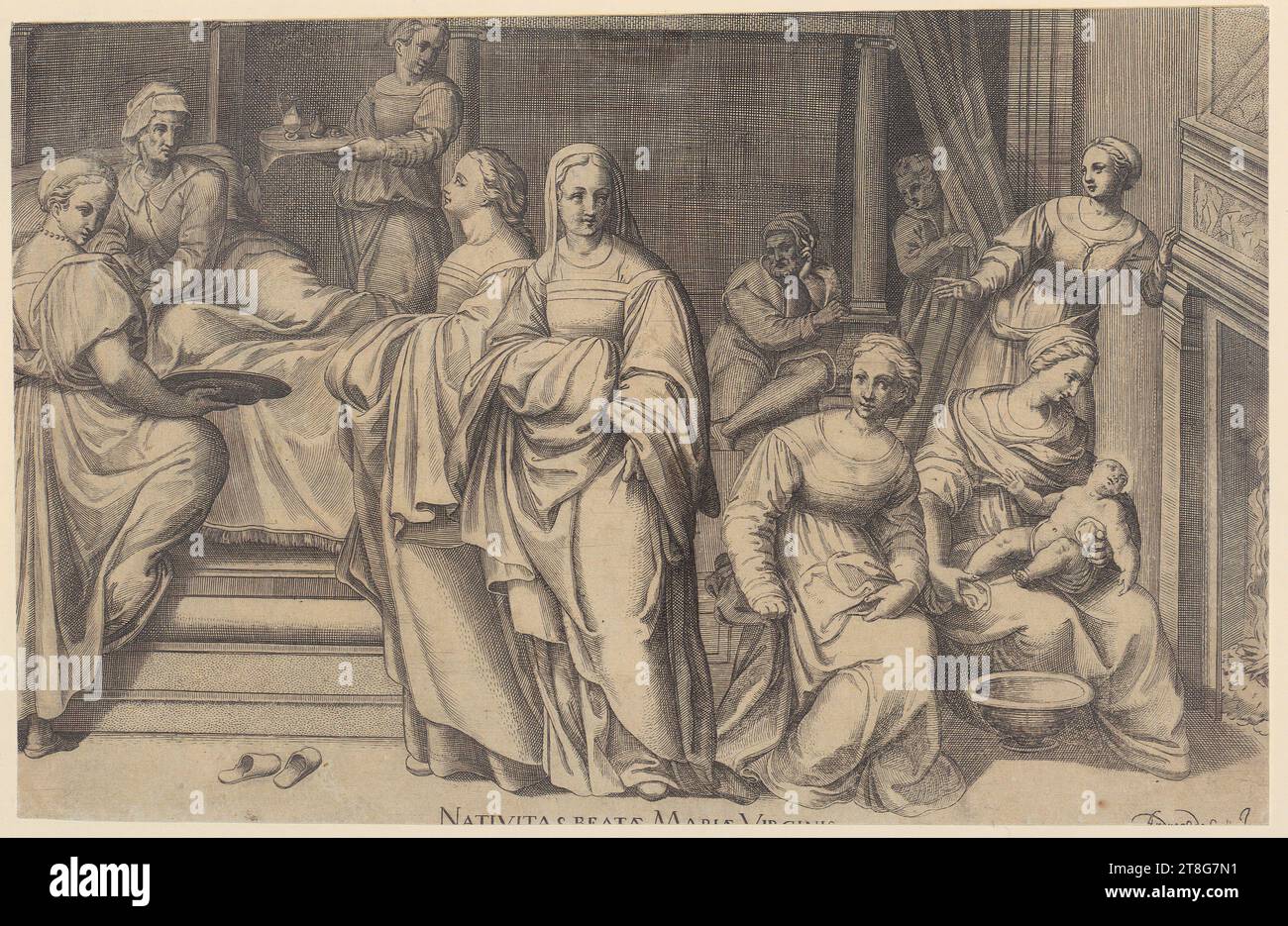 Agostino Carracci (1557 - 1602), Andrea del Sarto (1486 - 1530), dopo, Presepe della Vergine Maria, mezzo di stampa: Circa 1570, incisione su lastra, dimensione foglio: 21,3 x 33,5 cm (tagliato su tutti e quattro i lati)' incisa al centro inferiore 'NATIVITAS BEATÆ MARIÆ VIRGINIS' tagliata e incisa in basso a destra 'A, verso la stessa stampa ancora più debole; tagliata in alto e a destra; verso inciso in grafite in basso a destra 'Nativitas beate Mariae virginis Foto Stock