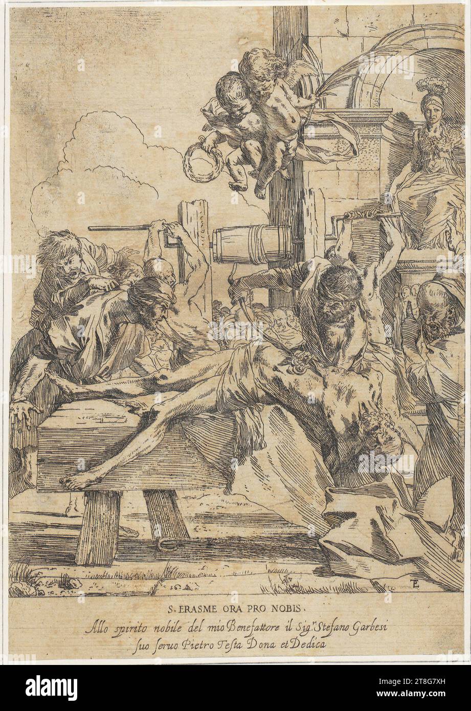 Pietro testa (1612 - 1650)Pietro Berrettini (1596 - 1669), dopo Nicolas Poussin (1594 - 1665), dopo, Martirio di San Erasmus, stampatore origine: 1630 - 1631, incisione, duplicato, formato foglio: 26,5 x 18,5 cm formato supporto: 45,7 x 31,0 cm, monogramma in basso a destra 'PT' e inscritto in basso 'S. ERASME ora PRO NOBIS., allo spirito Foto Stock