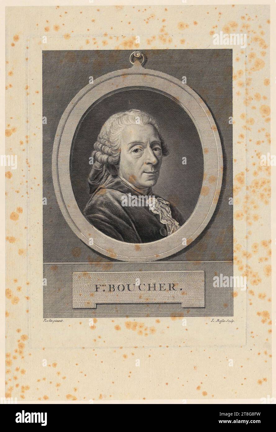 Louis Bosse (1767, 1777 menzionato a)Alexander Roslin (1718 - 1793), dopo, ritratto di Francesco Boucher, origine del mezzo di stampa: c. 1767 - 1777, incisione e incisione, dimensione foglio: 35,1 x 23,7 cm platemark: 27,6 x 19,2 cm, inciso al centro inferiore sul cartiglio 'Fois. BOUCHER.", inciso in basso a sinistra "Roslin pinxit". e.. Foto Stock