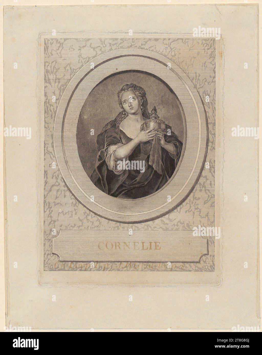 Jean-Baptiste de Grateloup (1735 - 1817), ritratto di Adrienne Lecouvreur come 'Cornélie' nella tragedia di Corneille 'la Mort de Pompée, atto 5, scena 1, stampa media creazione: 1767 - 1768, media misti (incisione, mezzotinta e punto secco), dimensioni foglio: 16. 3 x 12,7 cm margine piastra: 12,8 x 9,2 cm, centro inferiore inciso in cartiglio in penna marrone 'CORNELIE' e sotto inciso in penna marrone 'CH. Coypel P. J.B.Grateloup S Foto Stock