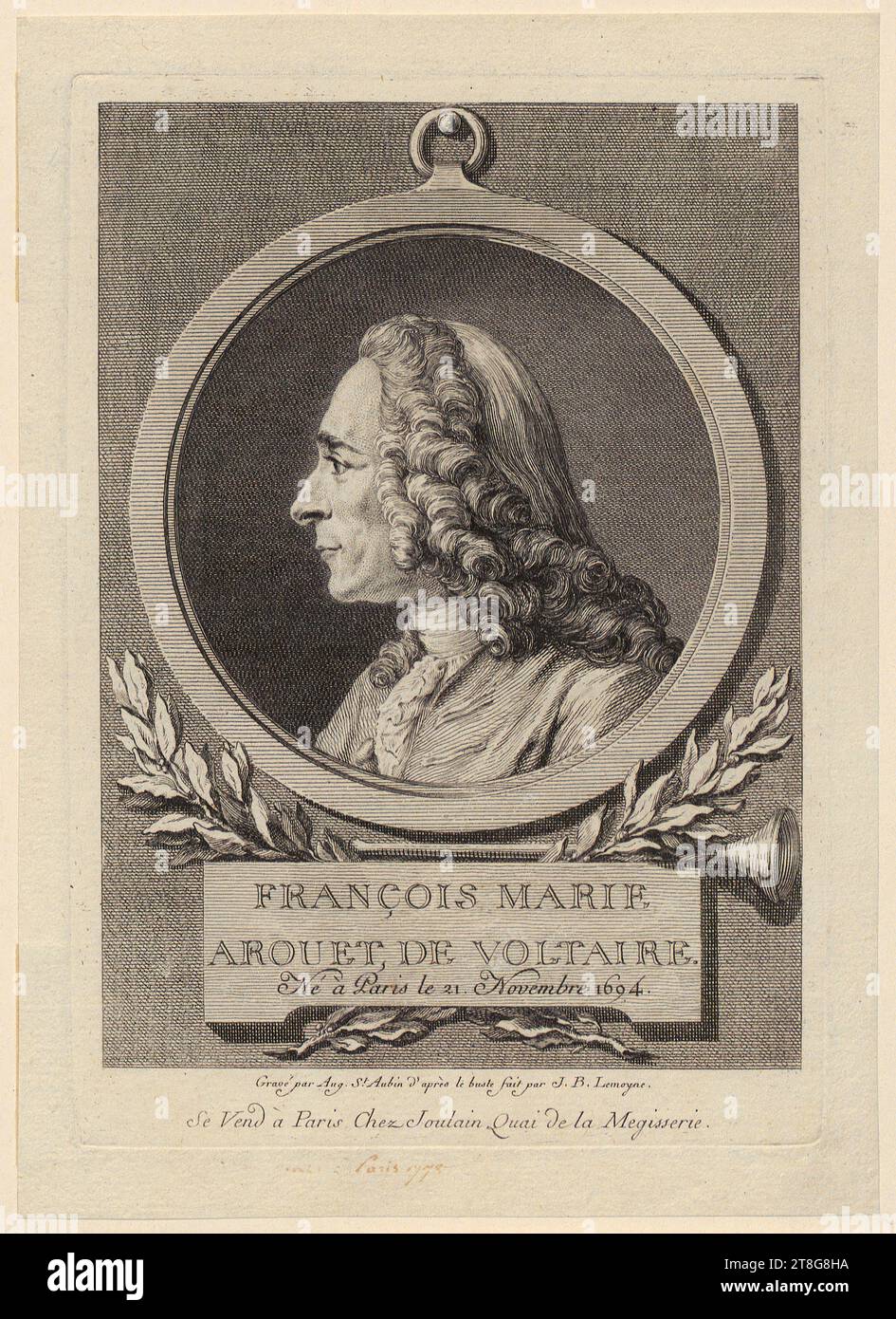 Augustin de Saint-Aubin (1736 - 1807)Jean-Baptiste Lemoyne (il giovane) (1704 - 1778), dopo, ritratto di Francesco Maria Arouet de Voltaire, origine della stampa: 1750 - 1807, incisione e incisione, dimensione foglio: 21. 8 x 15,6 cm margine piatto: 19,3 x 13,5 cm, sotto il medaglione sulla targa con l'iscrizione "FRANCESCA MARIA, AROUET DE VOLTAIRE, Né à Paris le 21. No, il centro del fondo retto è inciso in una penna di colore marrone... Parigi Foto Stock