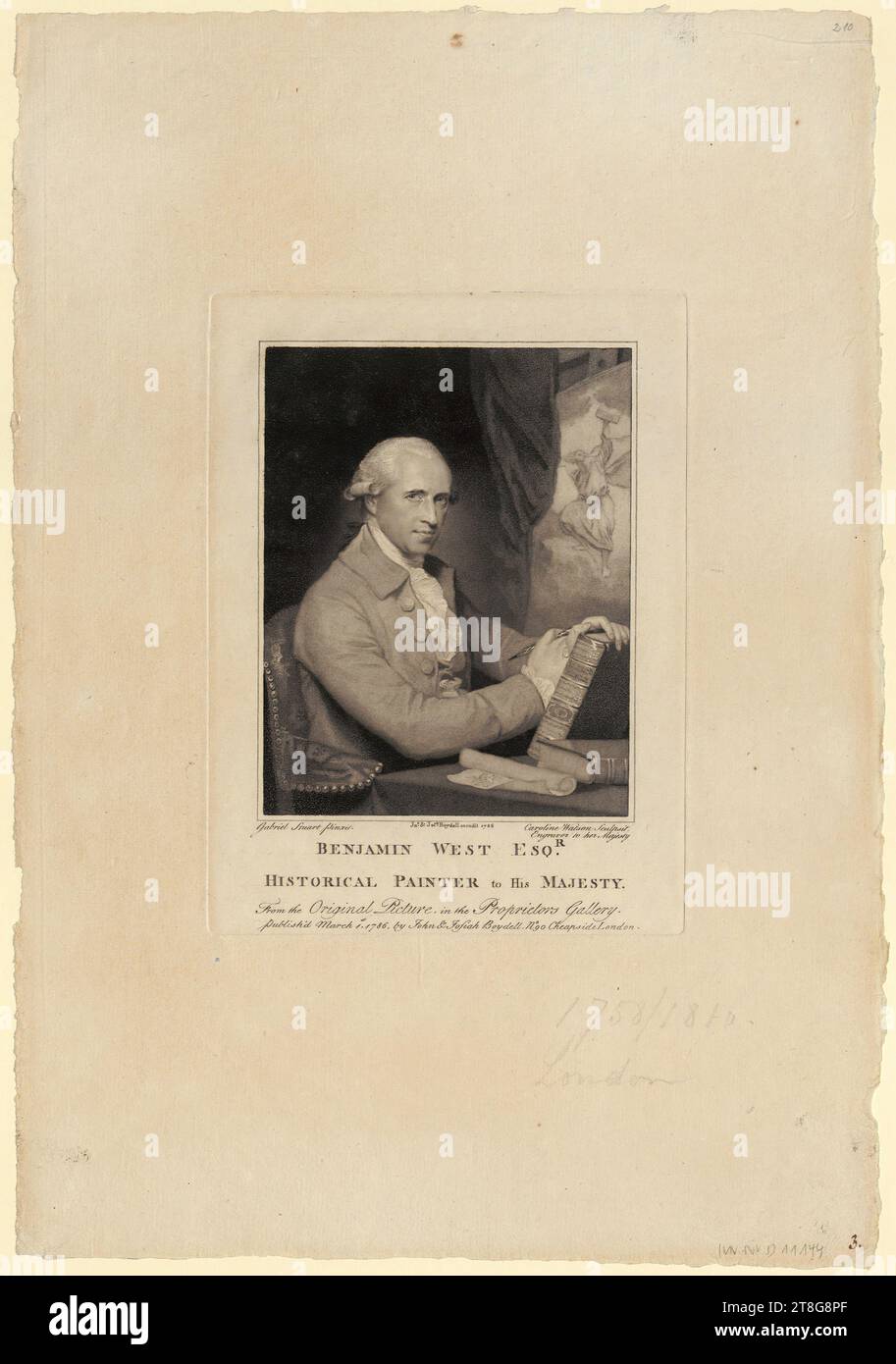Caroline Watson (1760 c.-1814) Gilbert Stuart (1755 - 1828), dopo John Boydell (1719 - 1804), redattore Josiah Boydell (1752 - 1817), redattore, ritratto di Benjamin West, stampa media creazione: 1775 - 1814, incisione e stippling, dimensione foglio: 42. 1 platemark da 29,2 cm: 21,8 x 16,2 cm, in basso a sinistra con l'iscrizione "Gabriel Stuart pinxit."; in basso al centro con l'iscrizione "Jn.o & Jos.h Boydell excudi, recto in basso a destra numerato in penna in marrone "3 Foto Stock