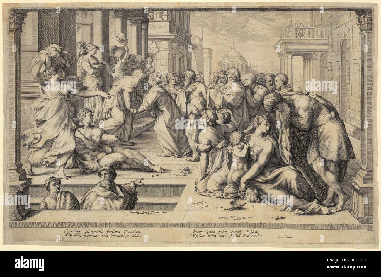 Jacob Matham (1571 - 1631) Francesco Salviati (1509, 1510 - 1563), dopo, Visitazione della Beata Vergine Maria, stampa media creazione: 1595 - 1596, incisione su copperplate, dimensione foglio: 43,8 x 67,5 cm, inscritto e firmato centro inferiore 'Franciscus Saluiati Florentinus Inuent., scultore Matham.' e.. Foto Stock